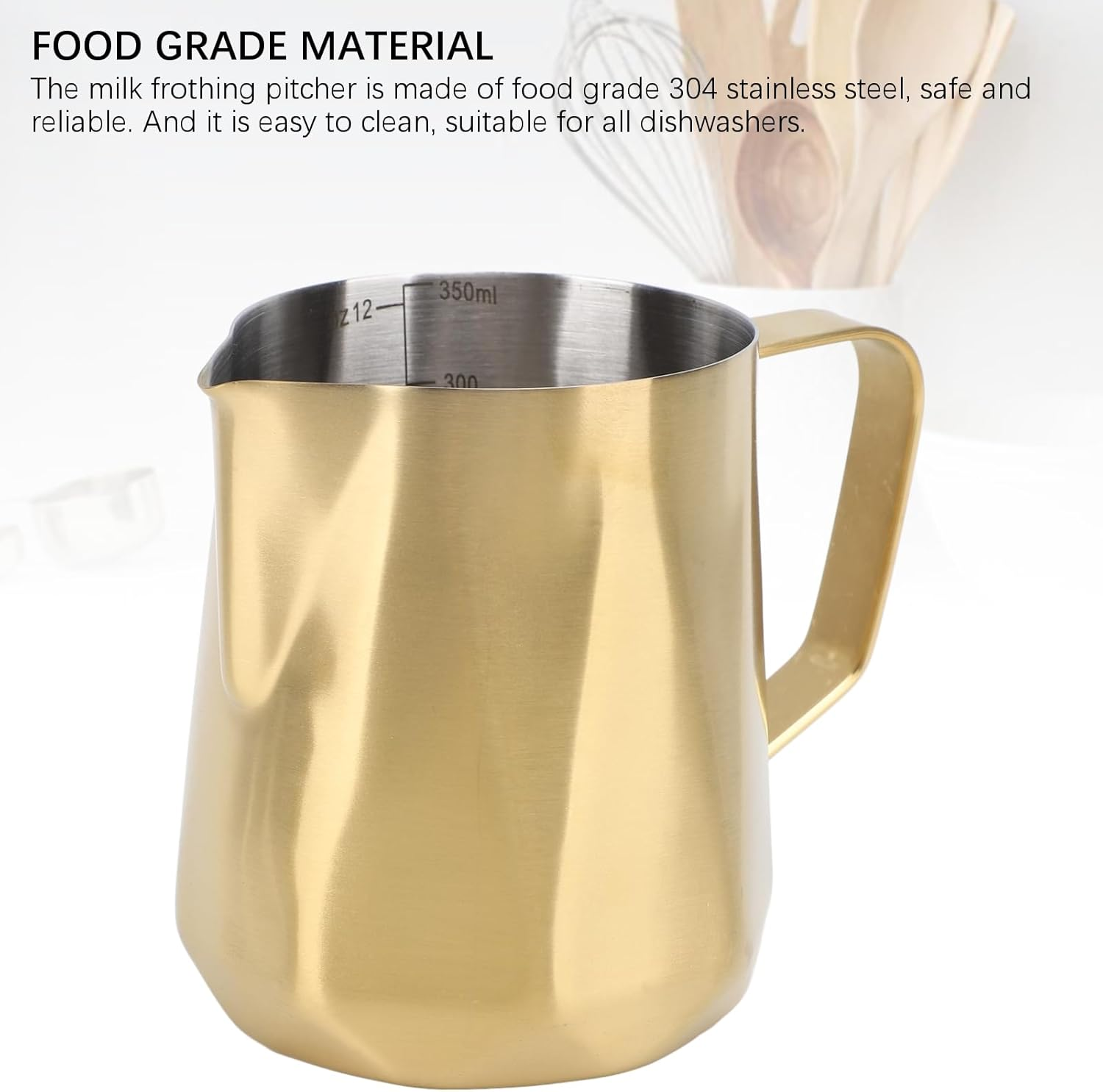 Milk Frothing Pitcher, Stainless Steel Long Handle Milk Frothing Jug, Stainless Steel Espresso Coffee Bar Accessories Tools for Making Coffee, Teapot, Milk Cup (350Ml Gold Plated) image number 5