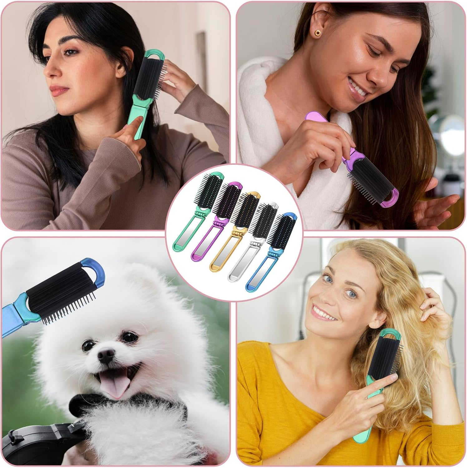 Travel Hair Brush with Mirror, 5 Pcs Muiticolor Folding Hair Brush Portable Compact Brush, Mini Hair Brush for Purse Hair Massage Comb Hair Styling Tools for Women Home, Trip, Gym, Swimming (5 Colors) image number 5