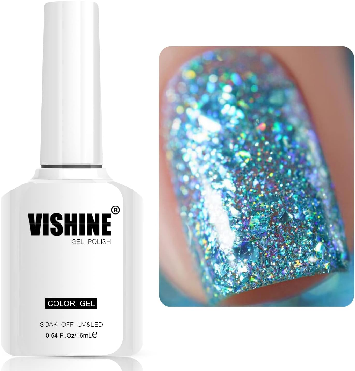 Vishine Glitter Gel Nail Polish Diamond Blue Sparkly Holographic Iridescent Gel Polish Soak off LED UV Curing Required High Pigment Gel for Home Salon Manicure Nail Art 16Ml M180 image number 5