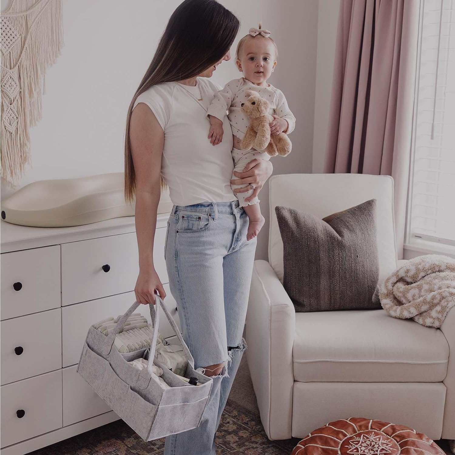 Mumoo Bear Baby Diaper Caddy Organizer for Changing Table, Nursery Storage Bin Basket with Handle, Felt Diaper Organizer Suitable for Indoor Outdoor -Grey image number 2