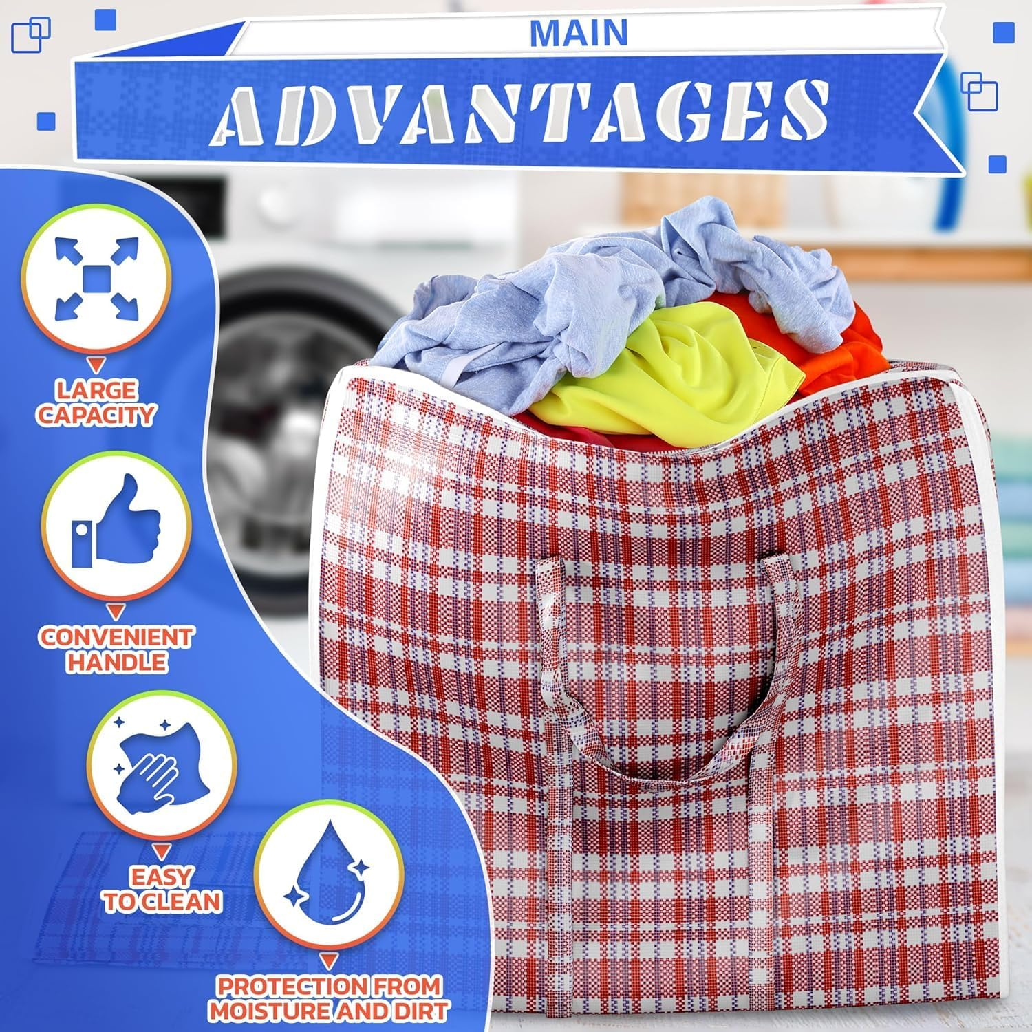 4Pcs Extra Large Laundry Bag with Handles,31.5 X 23.6 X 9.8 Inch Durable Moving Bags with Zippers,Checkered Travel Bags Reusable Organizer Bag for Storage of Clothes Bedding Duvets,Moving House image number 5