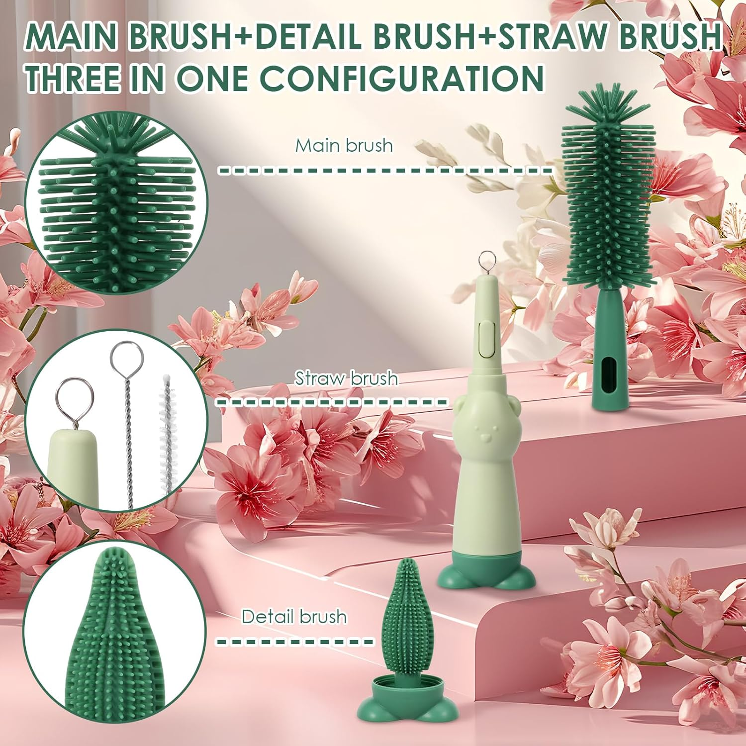 3 in 1 Baby Bottle Brush Set Reusable 3 Brushes to Clean Baby Bottles Nipples and Straws Ideal for Home and Travel Use (Green) - Green image number 3