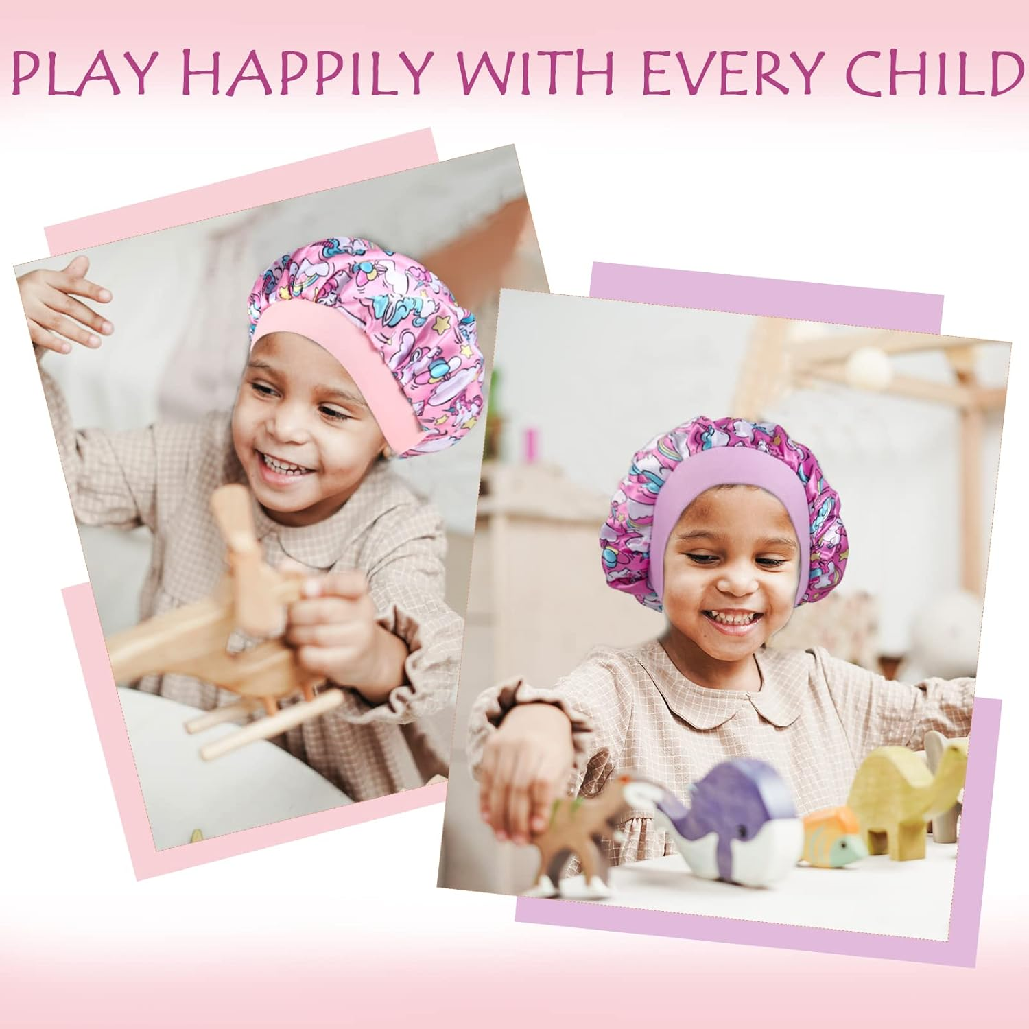 4 Pcs Silk Bonnet for Sleeping Kids Bonnets for Girls Baby Satin Sleep Cap Hair Wraps for Curly Natural Hair Elastic Wide Band - A01 image number 4