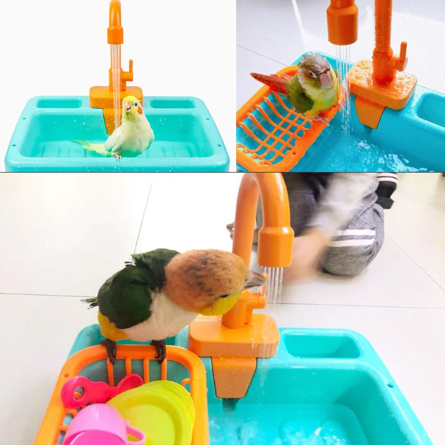 Shengsenfu Bird Bathtub Parrot Shower Box Bathing Tub Container Cage Accessory, Automatic Parrot/Bird Bath Tub with Faucet, Bird Automatic Bathtub for Small Medium Parakeet Cleaning Supplies (Green) - Green image number 4