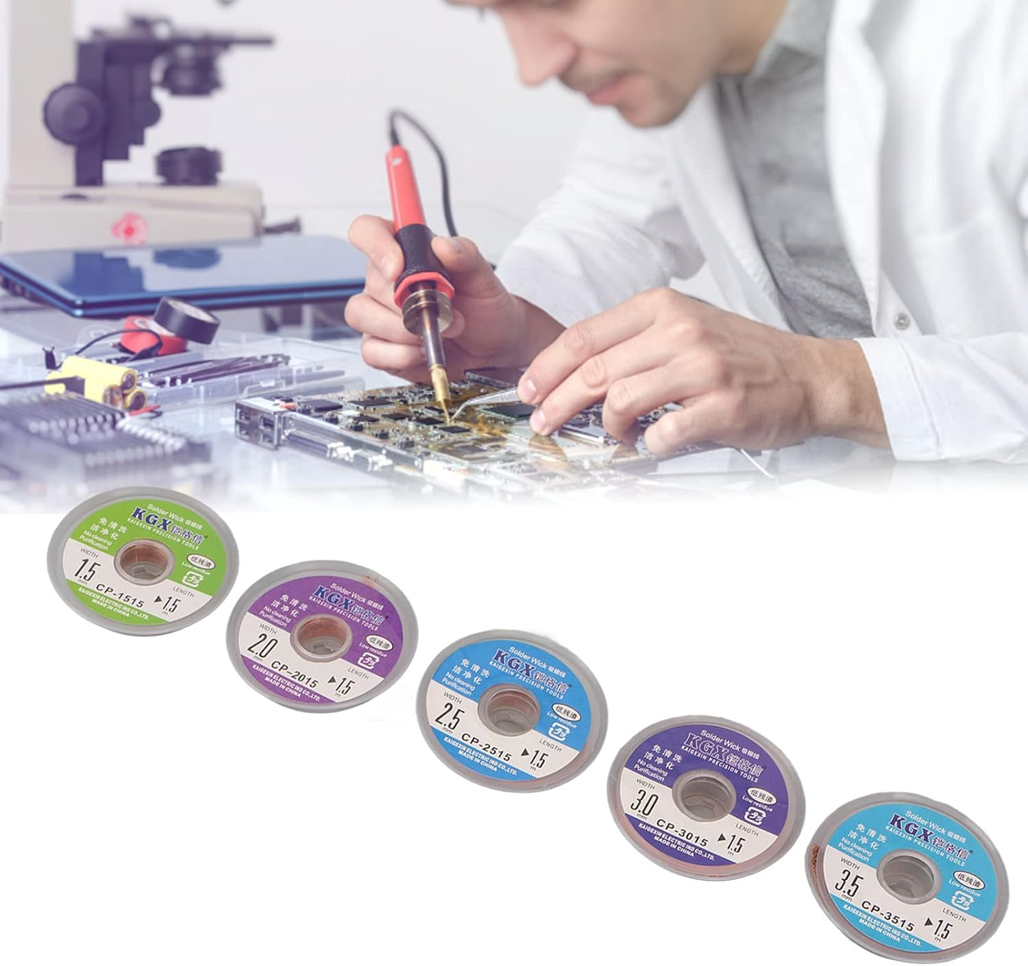 Solder Wick, 5 Pieces 1.5Mm 2Mm 2.5Mm 3Mm 3.5Mm Width 1.5M Length Solder Wick Braid Multi Color Copper Soldering Wick Wire Roll Welding Tool Set