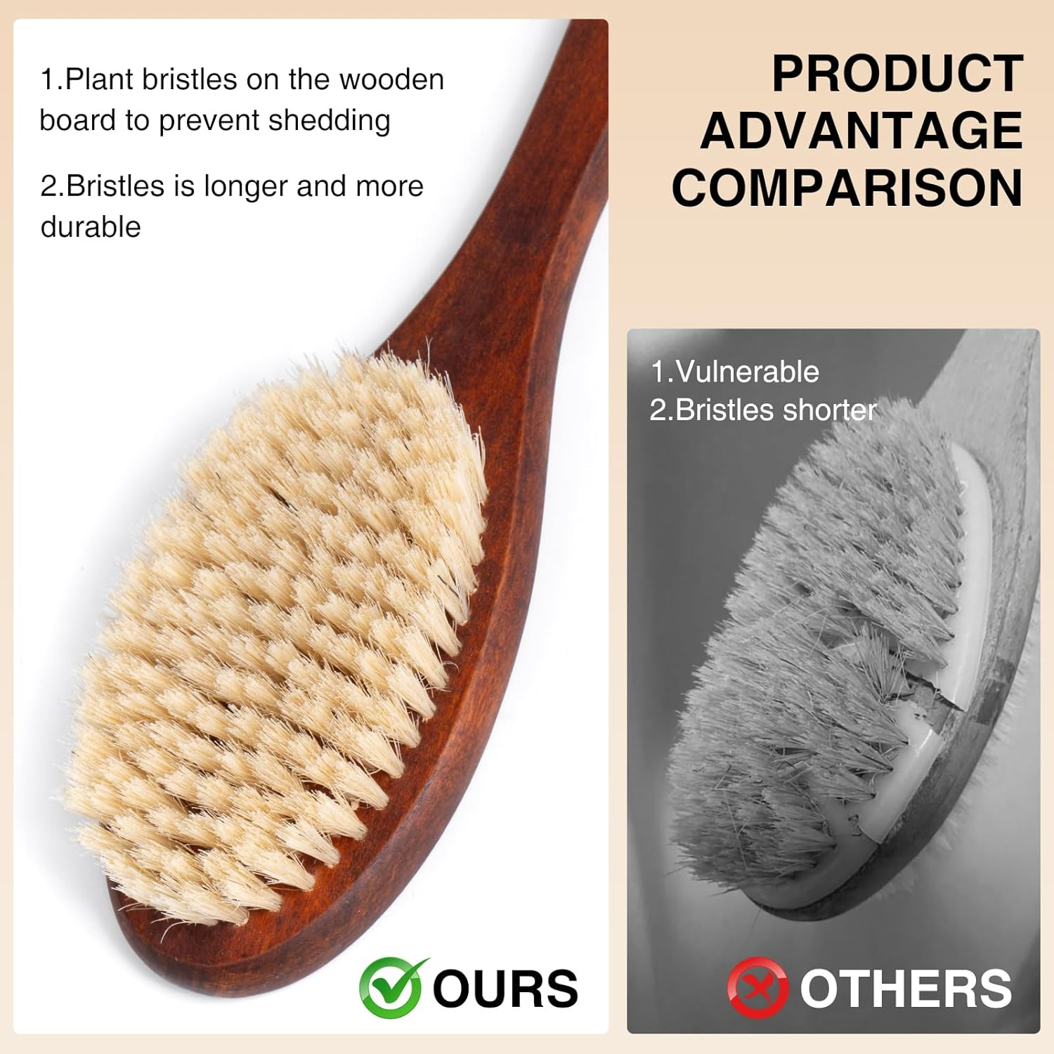 NENO CICI Wooden Bath Brush with Stiff Sisal Bristles Long Handle for Shower Back Scrubber Body Exfoliator (Stiff Sisal Fiber Hair)