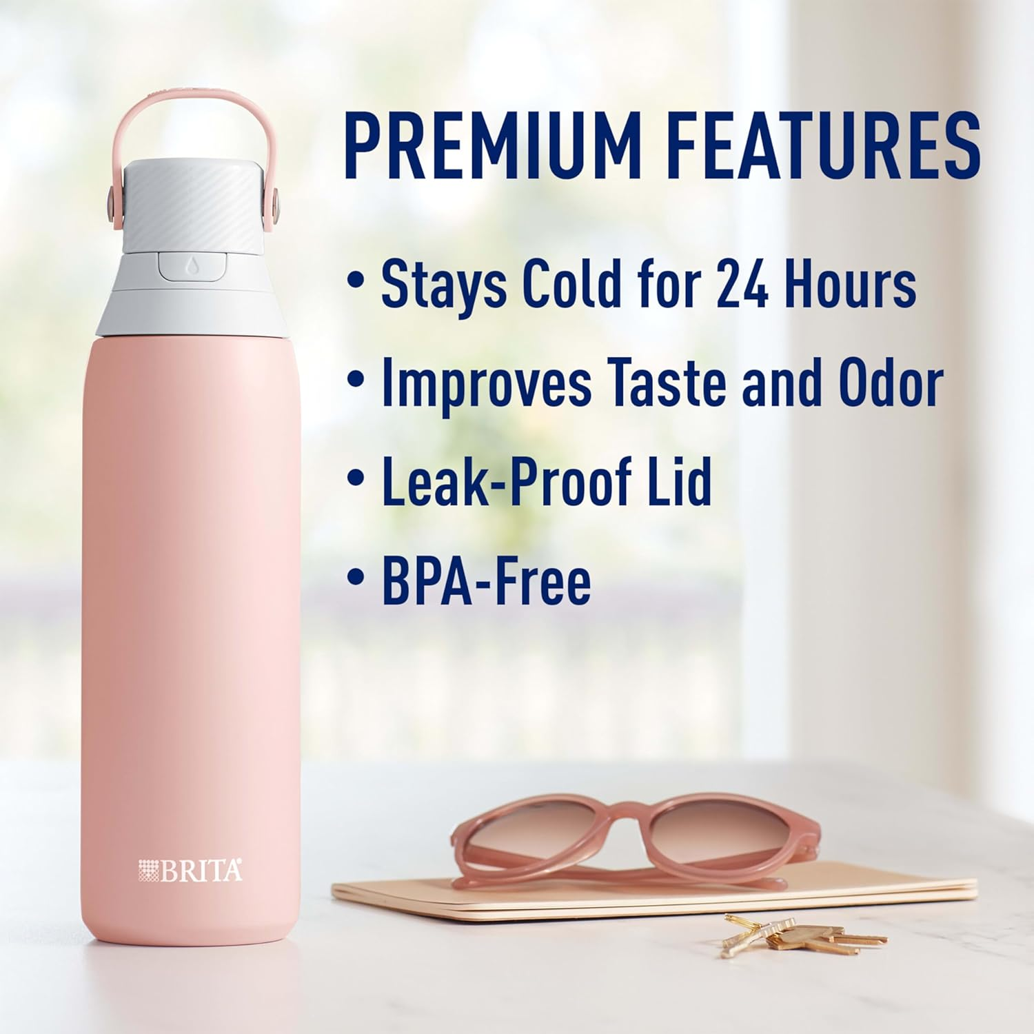 Brita Stainless Steel Premium Filtering Water Bottle, Bpa-Free, Reusable, Insulated, Replaces 300 Plastic Water Bottles, Filter Lasts 2 Months or 40 Gallons, Includes 1 Filter, Rose - 20 Oz.