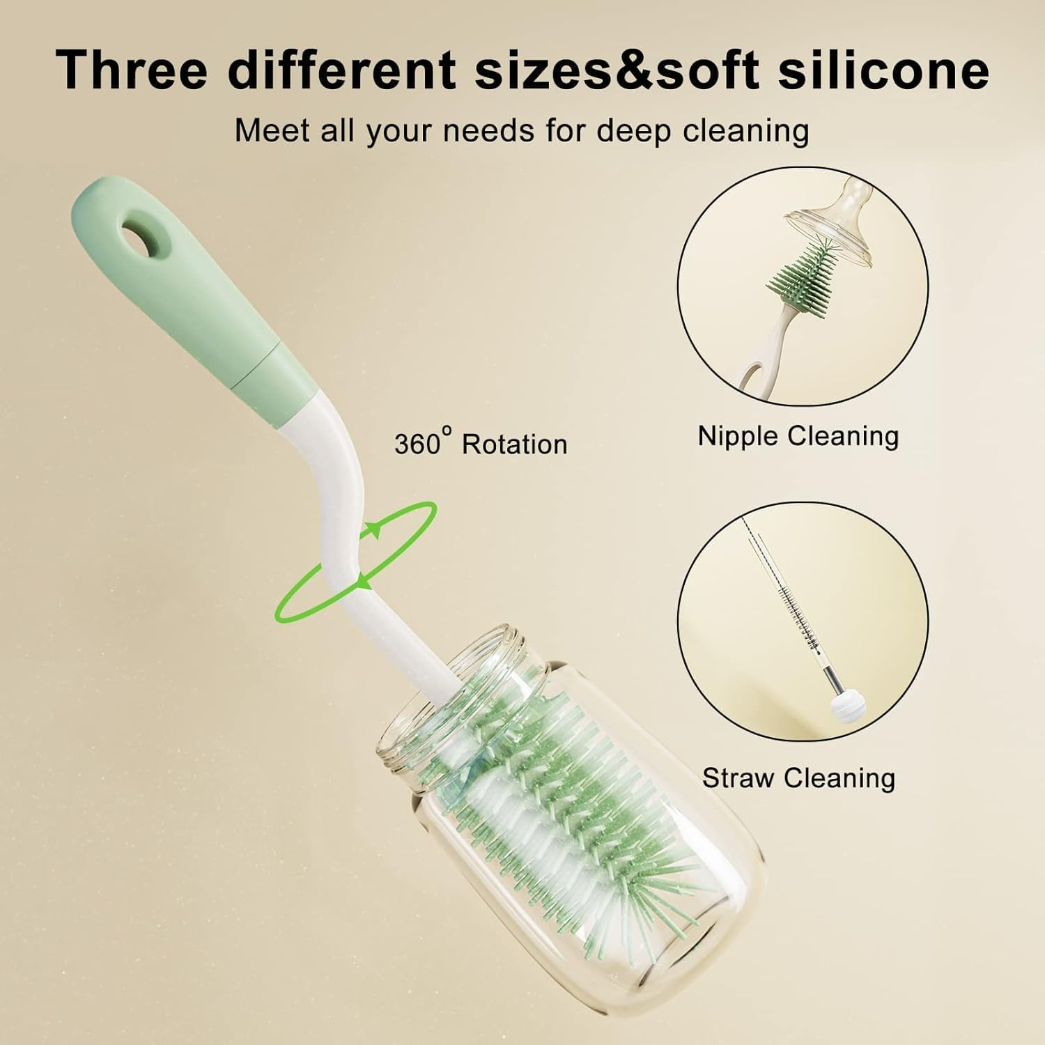 Mumoo Bear Silicone Baby Bottle Brush, Bottle Cleaner, Set with Storage Holder, Food Grade Silicone, Effortless Scrubbing Cleaning Brushes for Baby Bottles (Green-3Pcs) image number 4