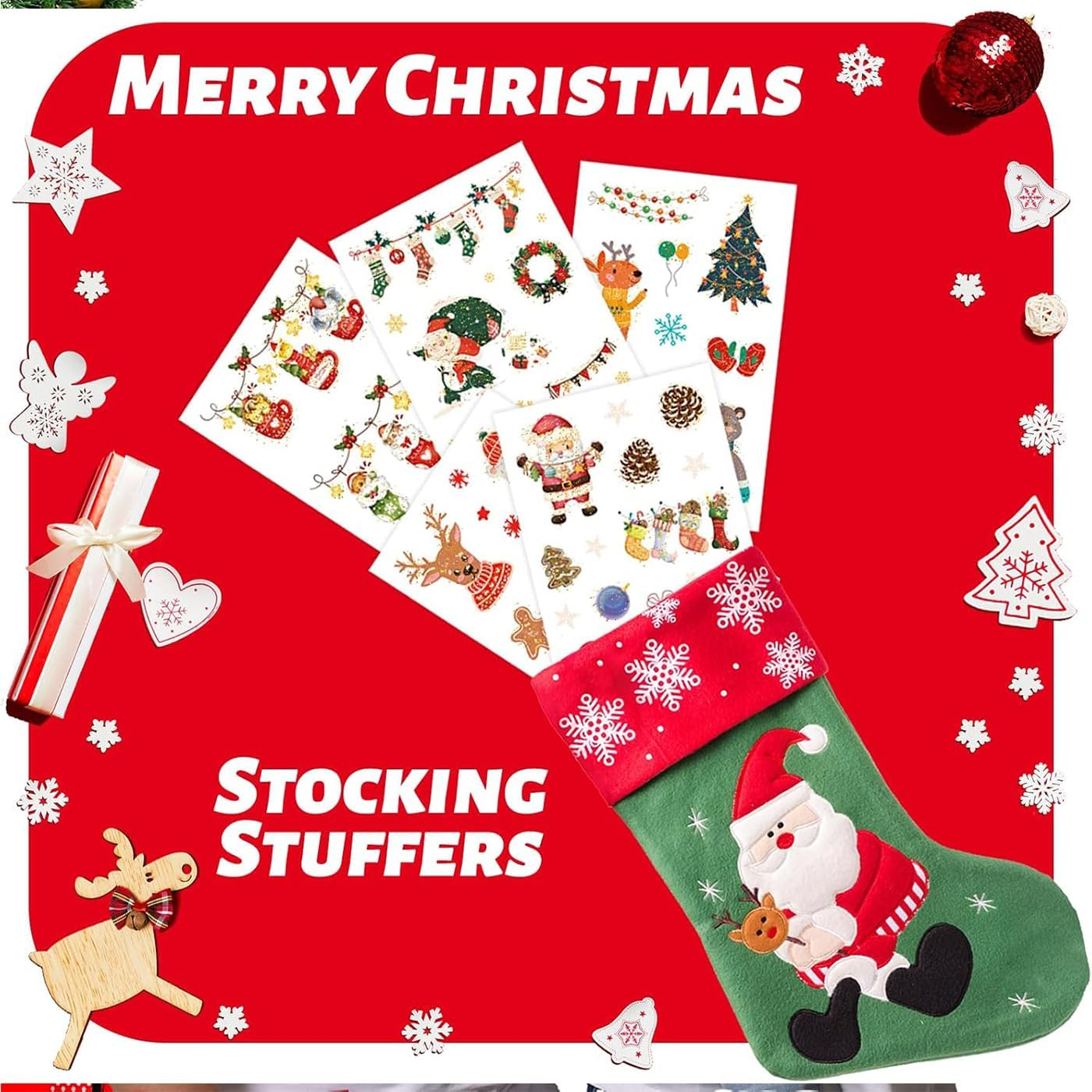 Itadaku 12 Sheets Glitter Christmas Tattoos, Sparkly Temporary Tattoos, Xmas Party Favors, Stocking Stuffers & Christmas Eve Gifts image number 1