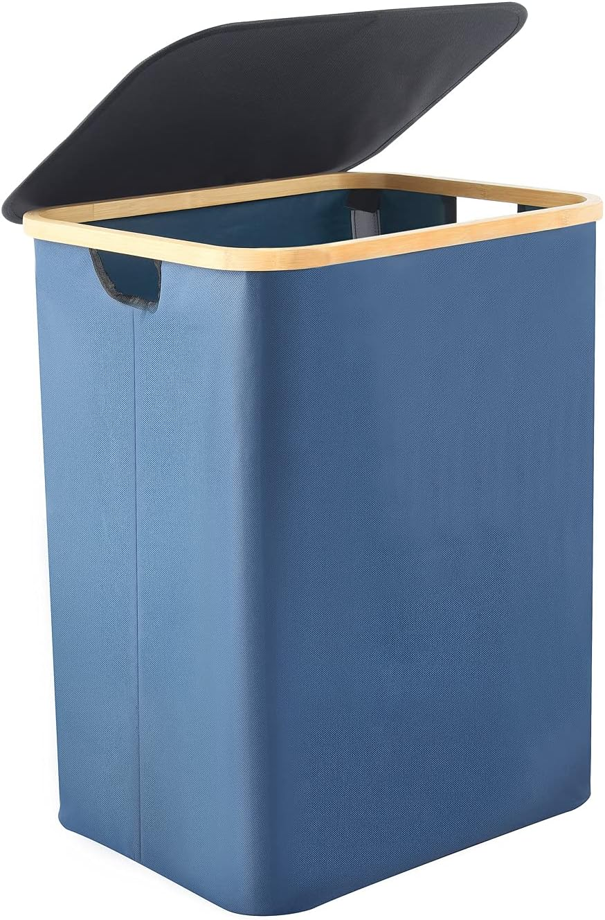 ALINK Folding Large Bamboo & Canvas Laundry Hamper- Single Laundry Basket with Lid - Modern Collapsible Hamper with Handles, Waterproof Liner, Great for Bedroom, Bathroom, Living Room-Blue image number 5