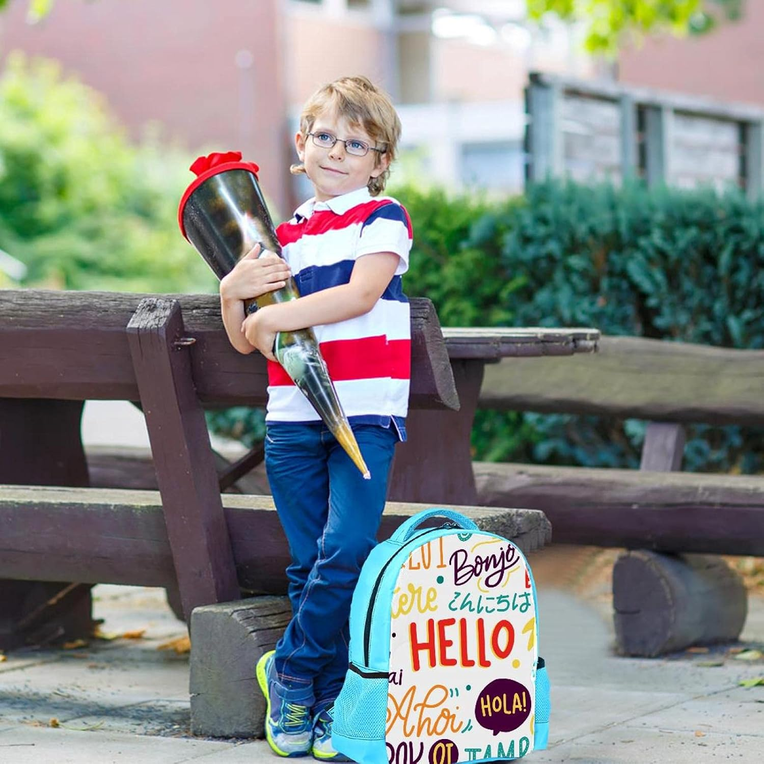 Blue Backpack Boy Bookbags Rucksack Men Travel Handbag Daypack Hello Words in Different Languages image number 3