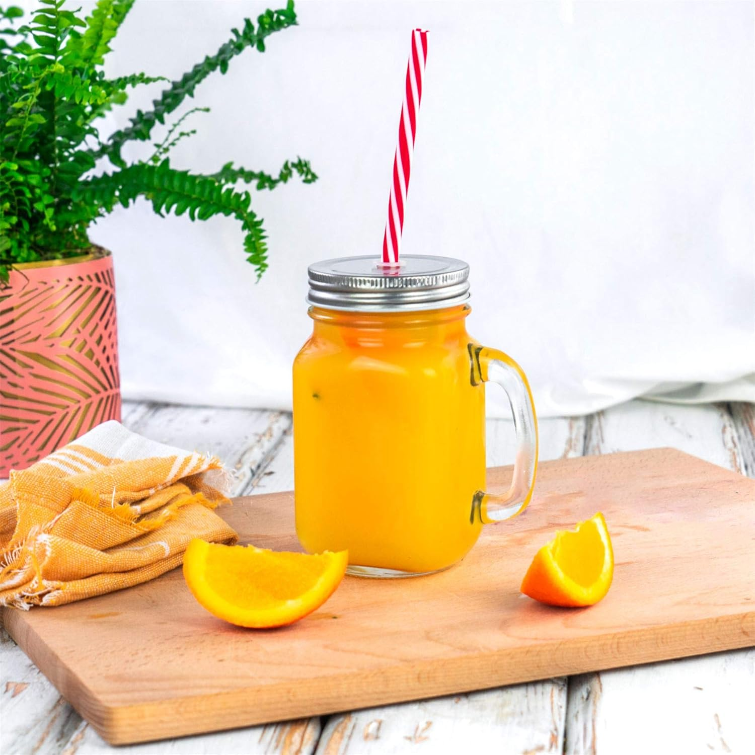 Rink Drink 4 Piece Glass Drinking Jars Set with Lid and Reusable Straw - Mason Style Jam Jar Glasses with Handle - 450Ml image number 1