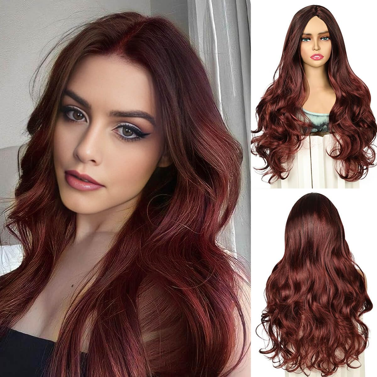 QUEENTAS 24 Inch Black Ombre Burgundy Wigs for Women Long Curly Wig Glueless Deep Wave Synthetic Hair Wigs image number 4