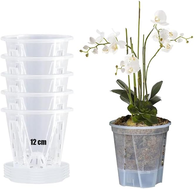 5Pcs Clear Plastic Orchid Pots with Holes and Saucers for Plants, Transparent Functional Planters for Optimal Drainage and Growth, 12Cm image number 4