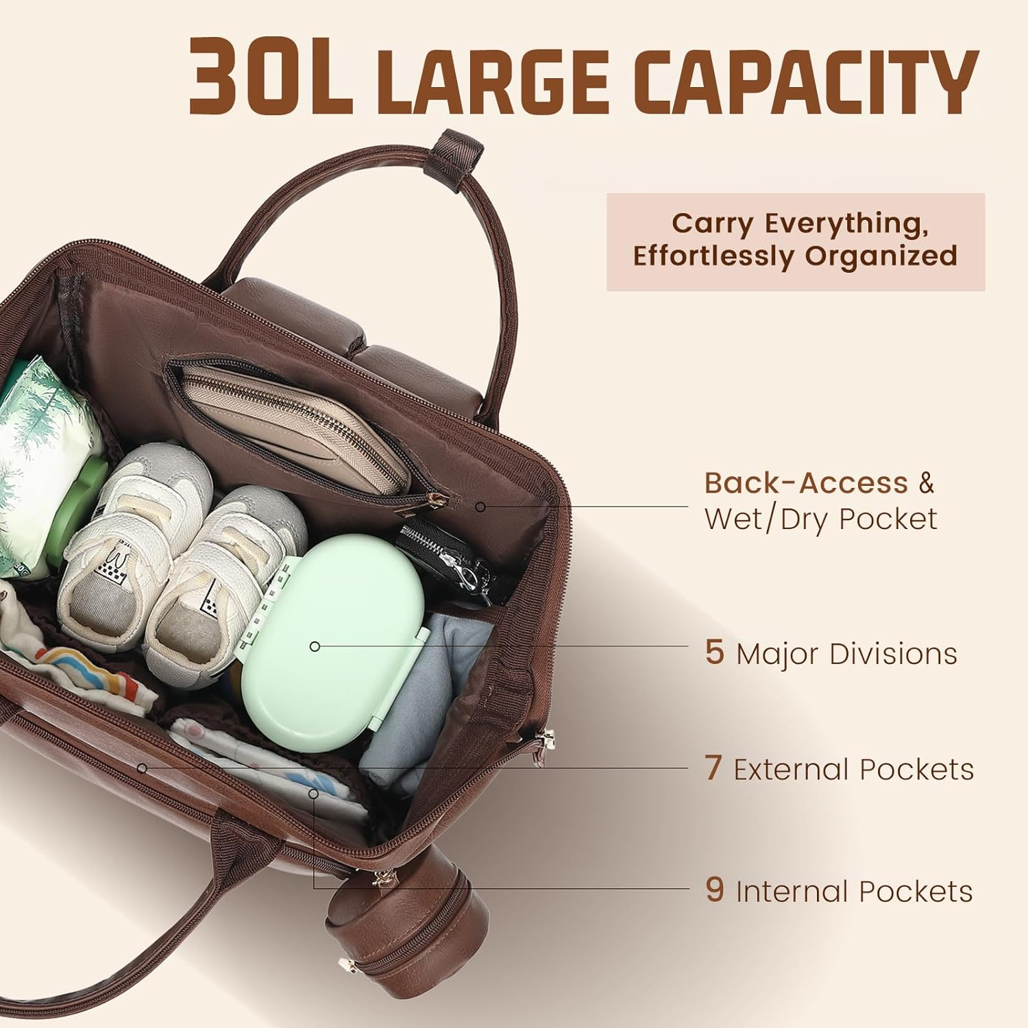 Vegan Leather Diaper Bag Backpack for Boy Girl with Changing Pad and Pacifier Case - Brown image number 3