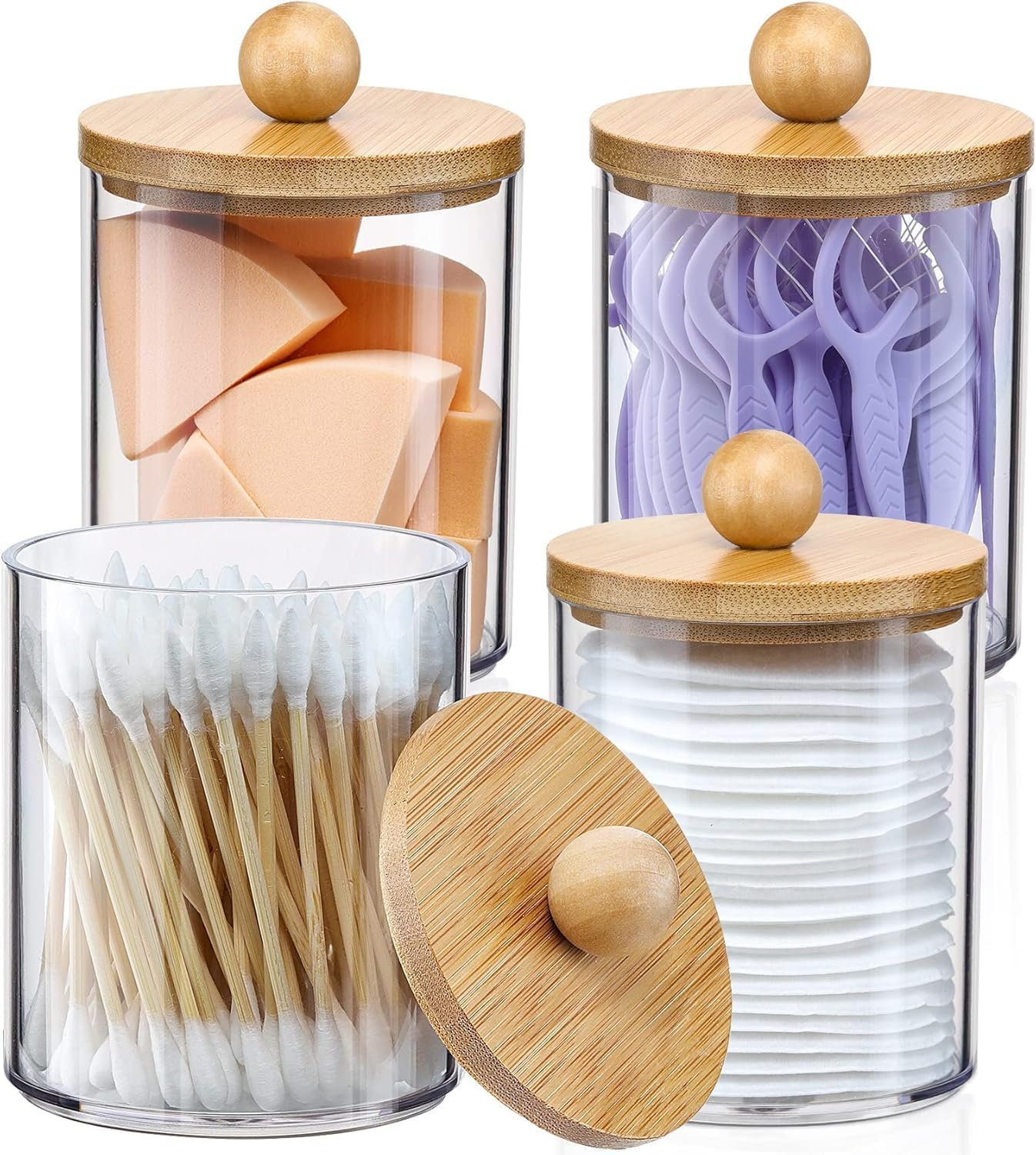 4 Pack Qtip Holder Dispenser with Bamboo Lids - 10 Oz Clear Plastic Apothecary Jar Containers for Vanity Makeup Organizer Storage - Bathroom Accessories Set for Cotton Swab, Ball, Pads, Floss image number 1