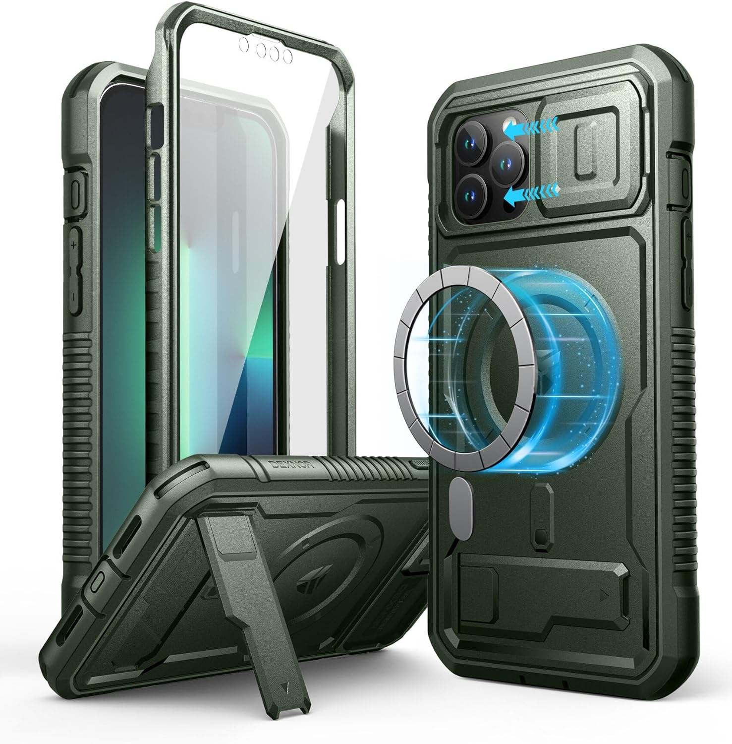 Dexnor Magnetic Bumper Case for Iphone 13 Pro Max,Heavy-Duty Shockproof Full-Body Rugged Protective Cover with Kickstand & Camera Cover & Screen Protector - Army Green