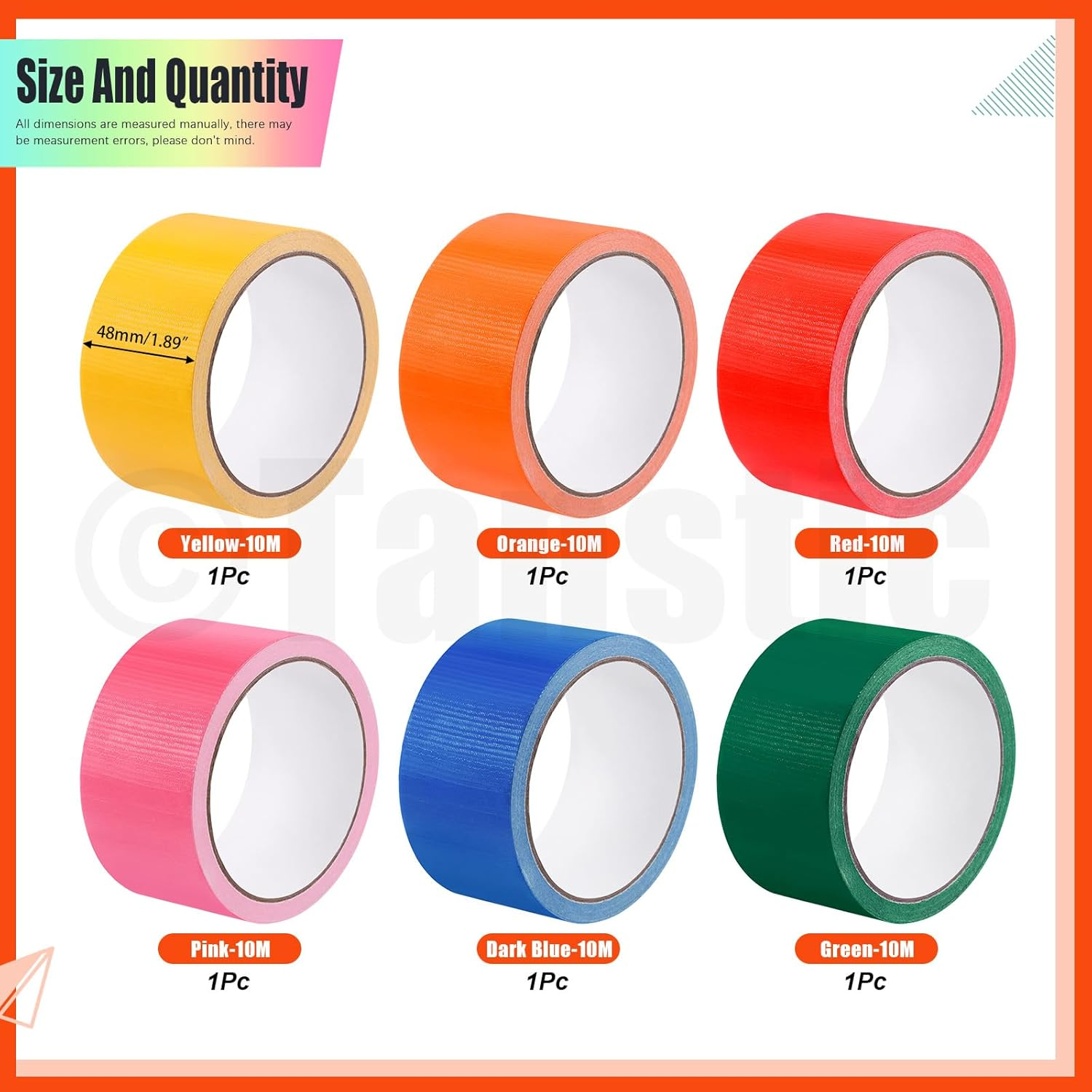 Tanstic 6Pcs Colored Duct Tape, 2 Inch X 11 Yards Colored Tape Rolls, Heavy Duty Duct Tape Rainbow Adhesive Tape Waterproof and Tear by Hand for Home School DIY Art image number 3