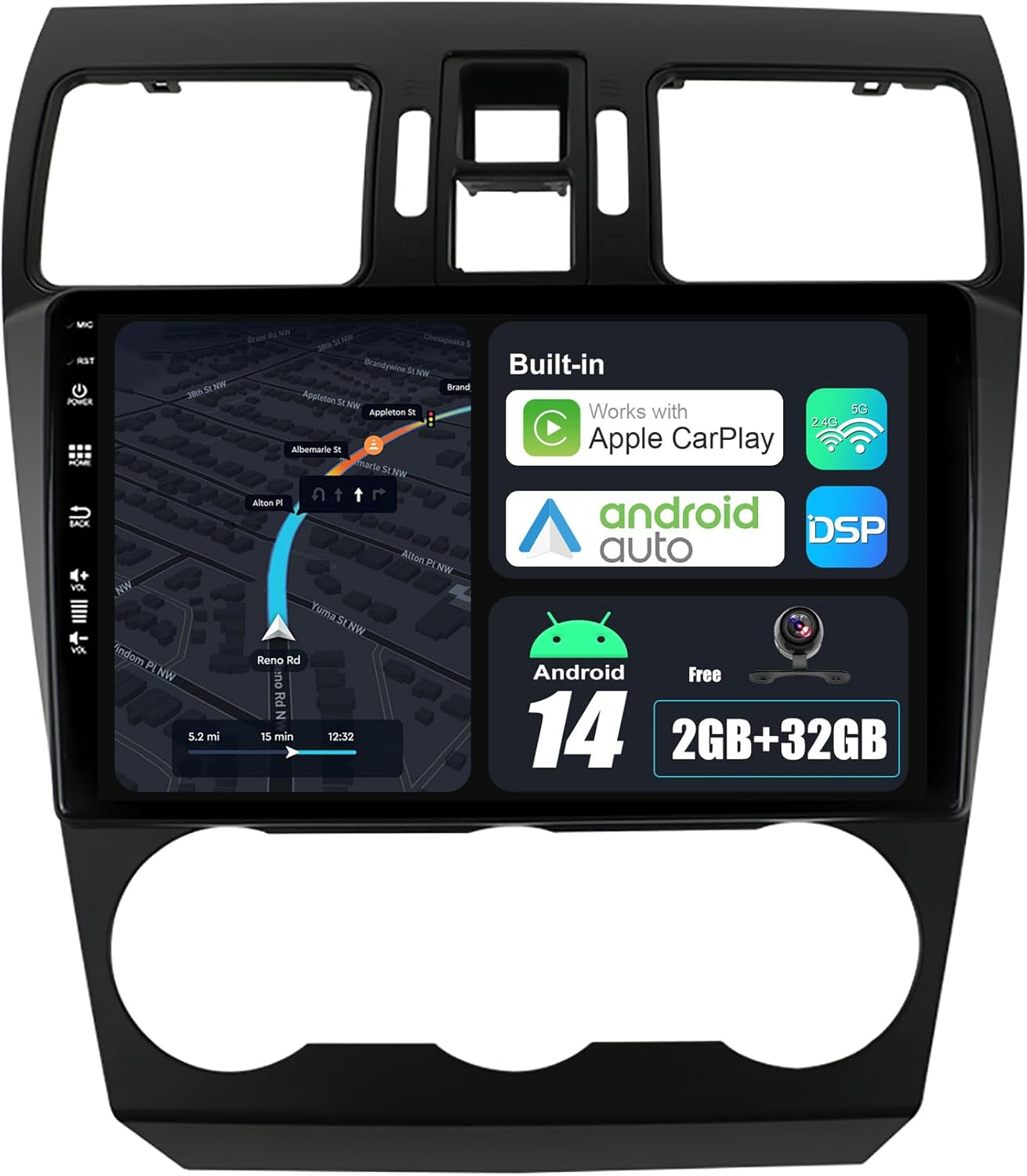 Android 14 IPS Car Stereo for Subaru Forester XV/WRX (2012-2014) - Built-In Wireless Carplay + Android Auto - 2G+32G - Rear Camera Free - 9 Inch 2 Din - Steering Wheel Wifi 4G DAB Fast-Boot image number 1