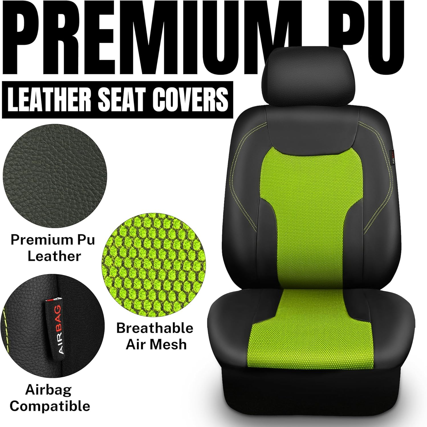 CAR-GRAND Leather Car Seat Covers Full Set, Airbag Compatible Breathable Air Mesh Car Seat Covers, Universal Fit Seat Covers Protector for Cars Trucks SUV Pick-Up Sedan Interior (Green) image number 2