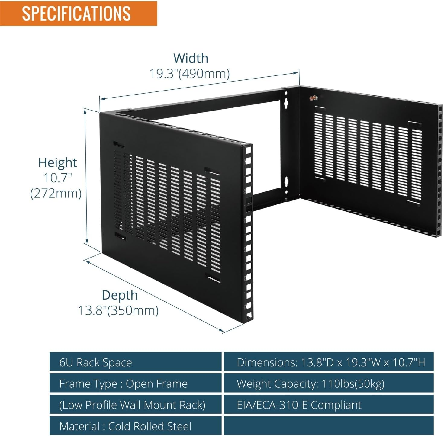 Tecmojo 6U Server Rack 350Mm Deep Open Frame Network Rack 19" Width Wall Mount for Shallow Server and IT Equipment, Network Switches, Patch Panel Bracket, 50 Kg /110 Lbs Max Loading, Black image number 4