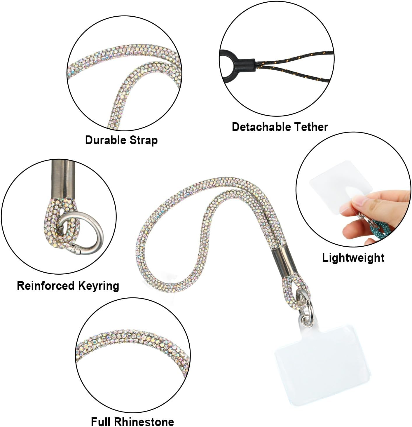 BOXOB 4Pcs Rhinestone Phone Wrist Strap, Bling Cellphone Lanyard Anti-Lost Moblie Phone Wristlet Holder with Tab Metal Keyring & Short Tether for Women Keys Purse (4 Colors) image number 6