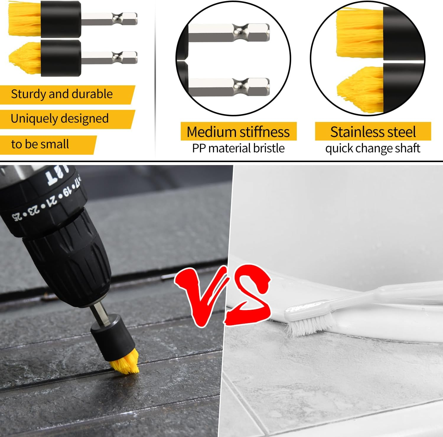 Mini Drill Brush Attachment Set, Includes 2 Tapered Brushes & 2 Flat Brushes, 1 Extension Rod, Small Corner Brush for Detailing Deep Cleaning(5Pcs) image number 3