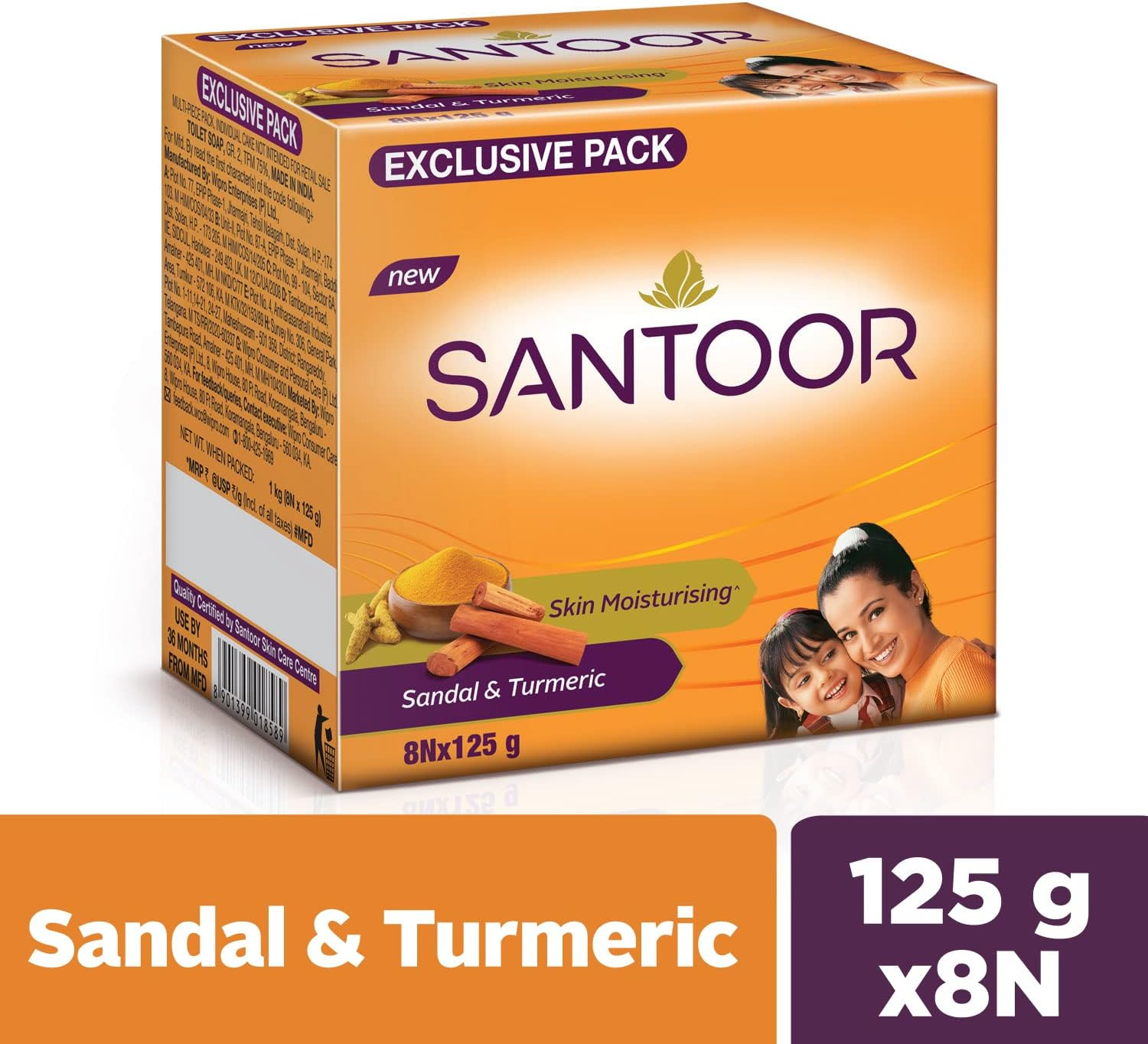 Santoor Sandalwood and Turmeric Bath Soap for Younger Looking and Glowing Skin, Combo Offer, 125 G (Pack of 8) image number 1