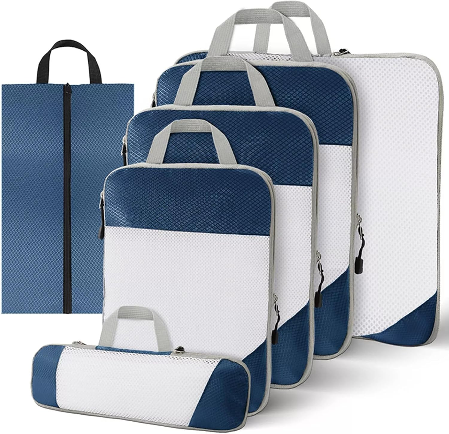 6Pcs Compression Packing Cubes Expandable Storage Travel Luggage Bags Organizer (Navy Blue)