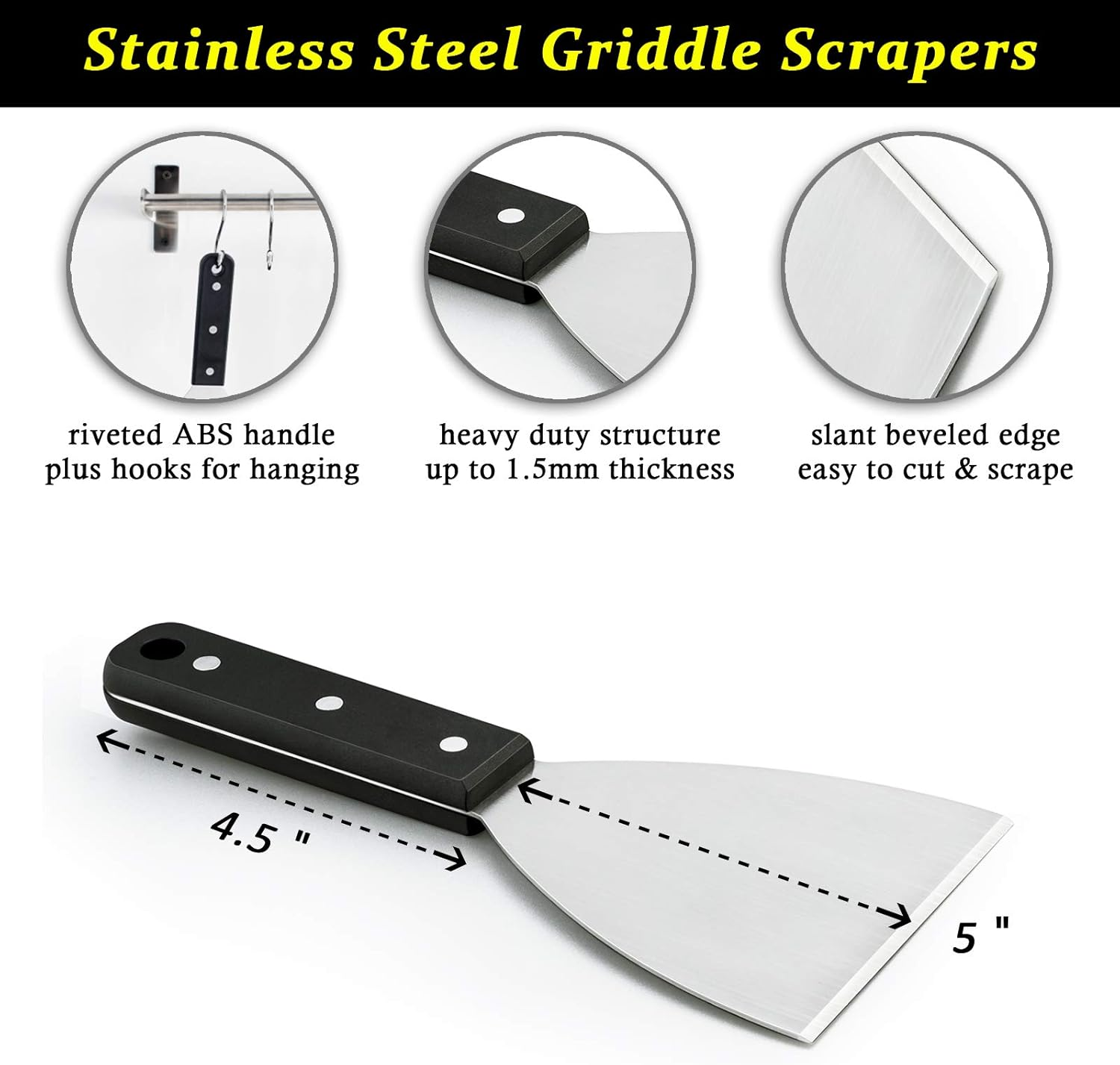 Hasteel Griddle Scraper 2Pcs, Stainless Steel 9.5In Slant Edge Metal Grill Scraper Chopper for Food Service & Cleaning Supplies, Perfect for Teppanyaki Flat Top BBQ Indoor & Outdoor, Dishwasher Safe