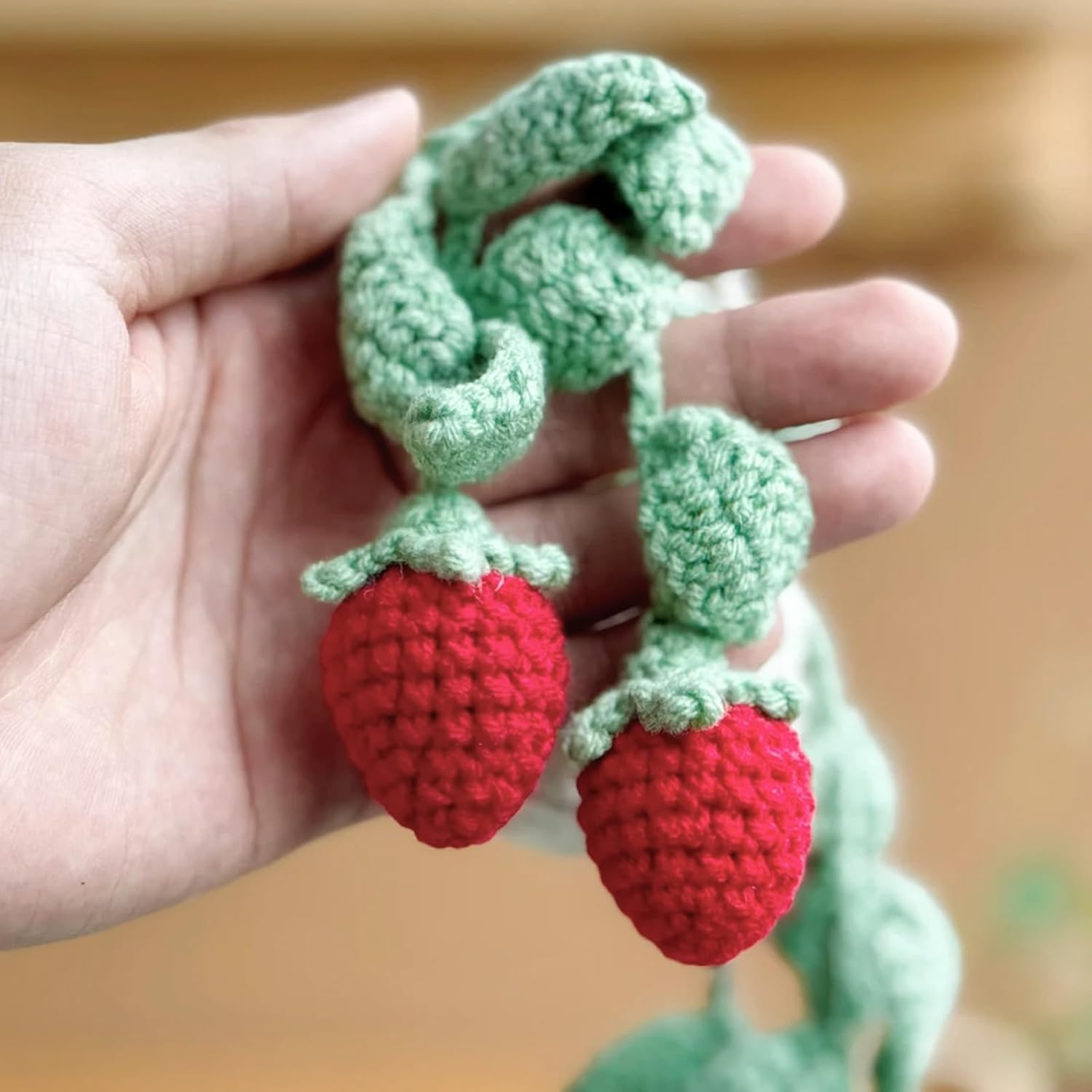 Cute Crochet Plant for Car Rear View Mirror,Boho Handmade Car Mirror Hanging Accessories for Women Girls,Green Interior Aesthetic Decor Truck Hanger Ornament Charm for Men (Red Strawberry Plant) image number 5