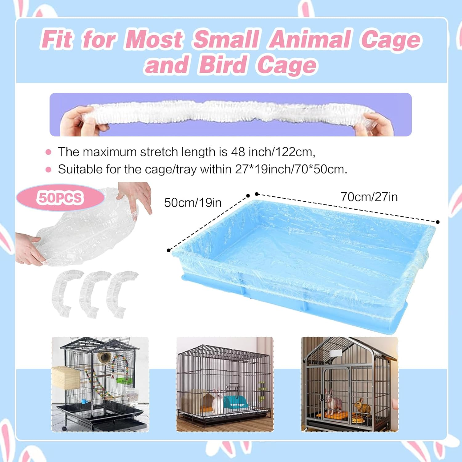 SUSOO 50 Pcs Universal Disposable Pet Cage Liners - 122Cm Elastic PE Tray Covers for Small and Large Cages Base, Leakproof Plastic Film for Birds, Parrot, Rabbits,Cats,Dogs and Animal Cage Accessories
