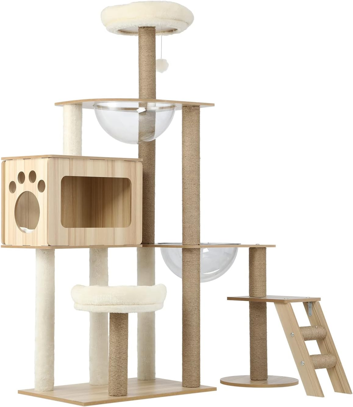 ALOPET Cat Tree with Ladder, 142Cm Cat Tower W/Sisal-Wrapped Scratching Posts, Hanging Activity Ball, Acrylic Bowl, Multi-Level Platforms Cats Condo House Bed for Indoor Cats Kitten Playing, Wood image number 3