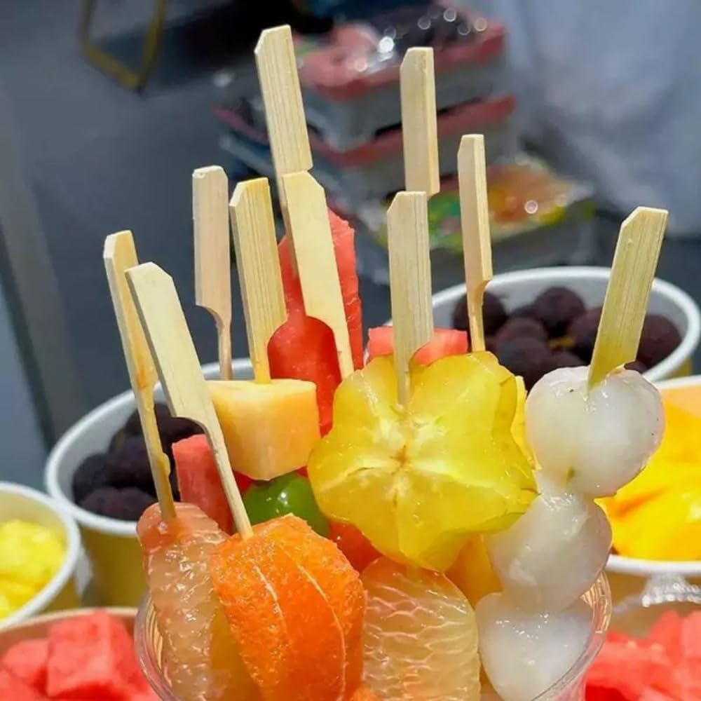 200 Pieces Paddle Bamboo Skewers, 9CM Flat Burgers Sticks Children Skewers Kids Wooden Fruits Picks Cocktail Sticks Satay Skewers image number 1