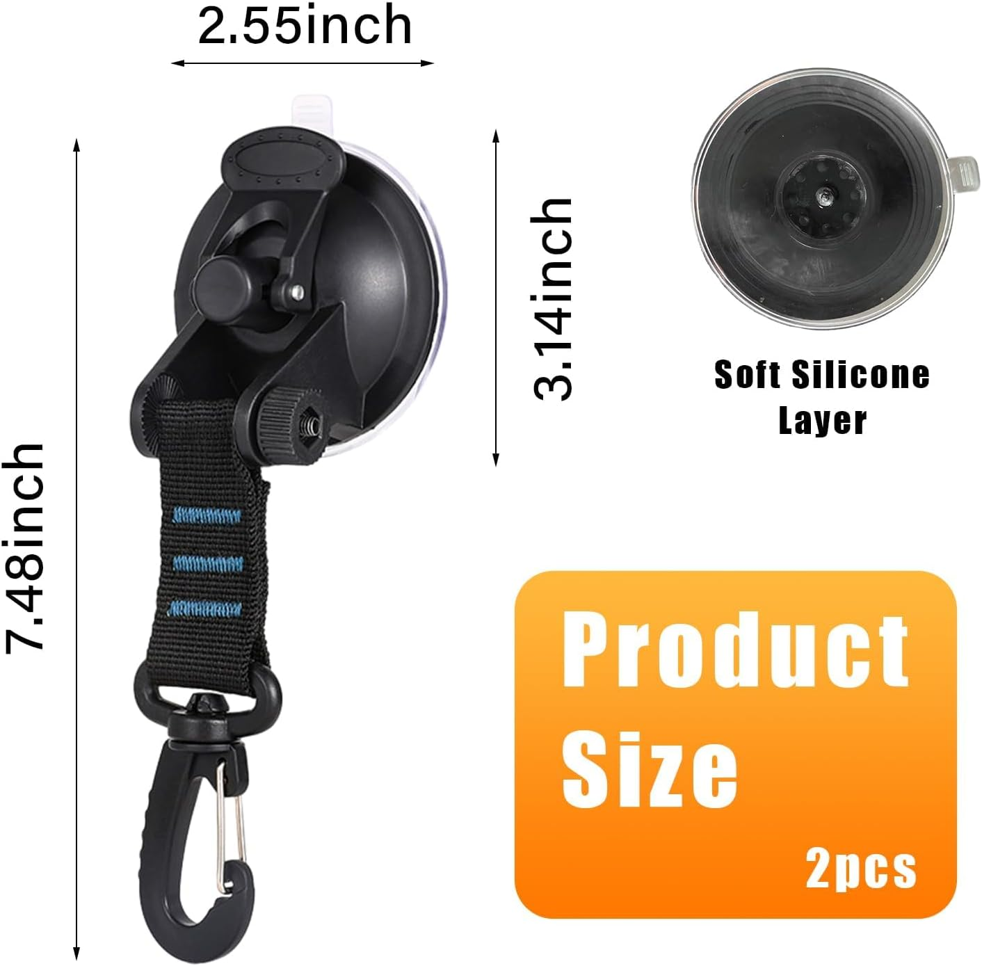 2PCS Heavy Duty Suction Cups, Car Strong Suction Cups Camping Tie down with Hook, Strong Power Viscous Silicone Suction Cup Attachment for Car Boat Awning Camping Trap (Blue)