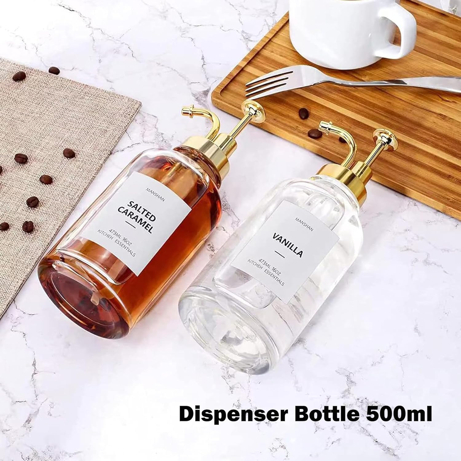 Syrup Dispenser, Coffee Syrup Dispenser Set - Glass Syrup Bottle with Pump for Coffee Bar - 16.9 Oz 500 Ml - Set of 2, Gold