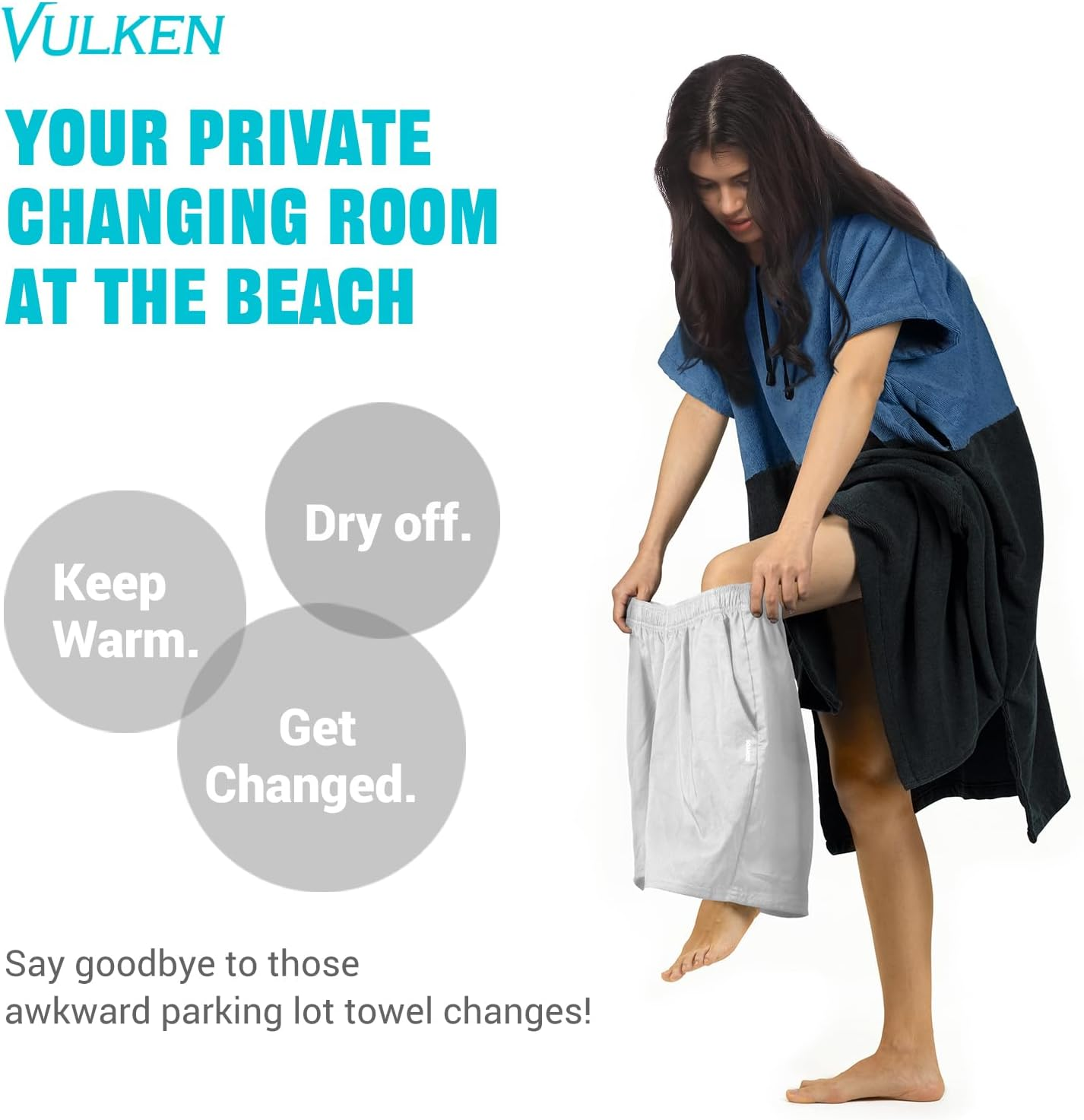 Vulken Thick Hooded Beach Towel Changing Robe, Surf Poncho for Men and Women, Easy Change, Microfiber Towelling for Beach Swimming, 47"X37", Black Blue image number 2