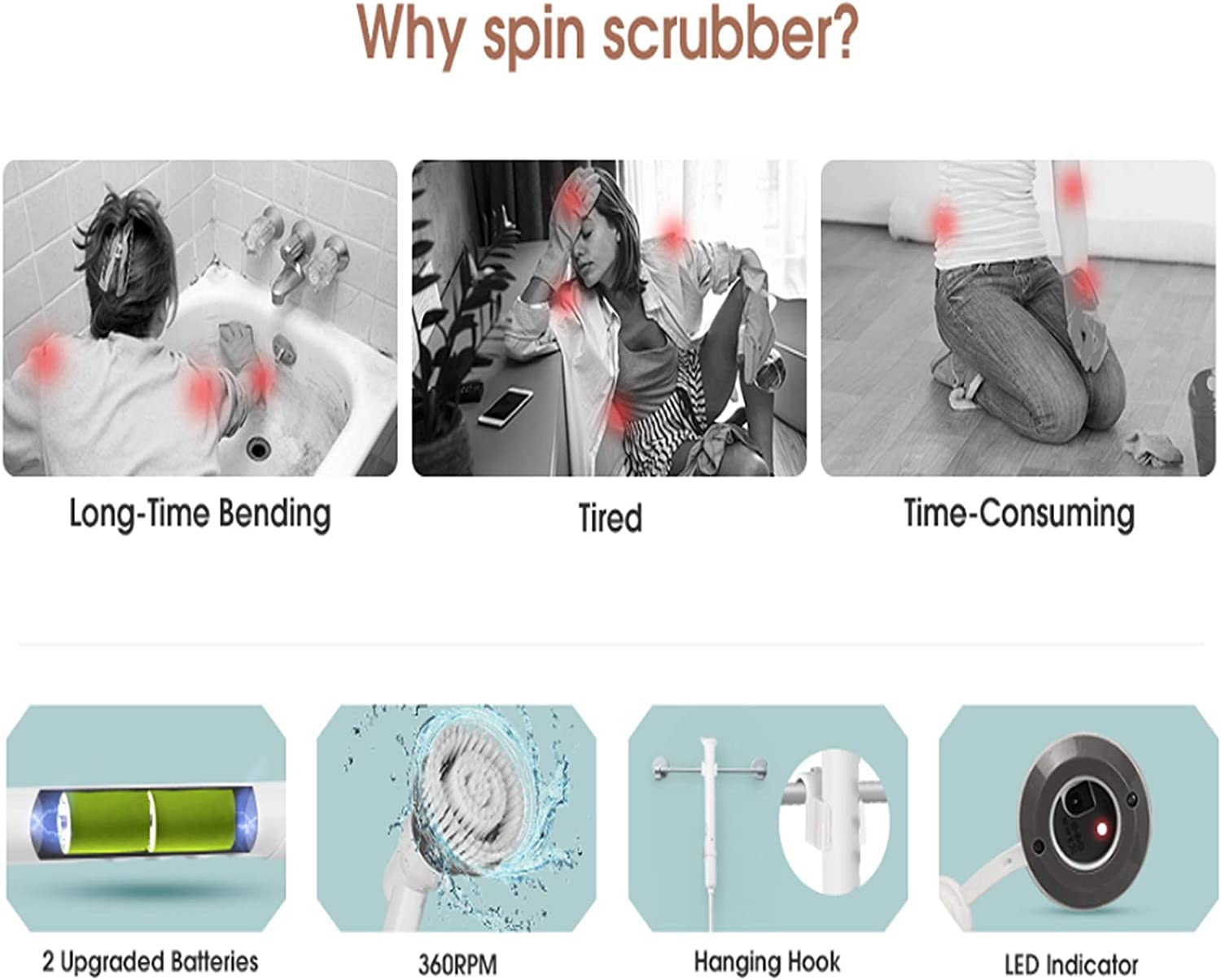 Nomel Electric Spin Scrubber AU Power Adapter with Rechargeable Battery, 360 Rotation Automatic Clean Tools, 4 Replaceable Cleaning Brush Heads for Tub, Tile, Floor, Bathtub, Window B4A1 image number 5