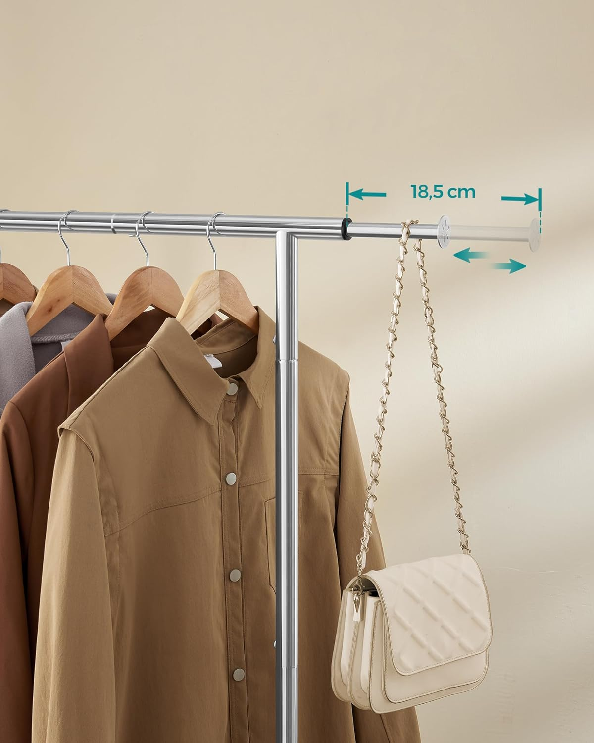 SONGMICS Stand Appendiabiti Con Ruote, Attaccapanni Estensibile in Metal, Con Ripiano Portaoggetti Rialzato, 40 X (83-120) X 156 Cm, Portata Total 45 Kg, Argento HSR134E01 - Cloudy White image number 3