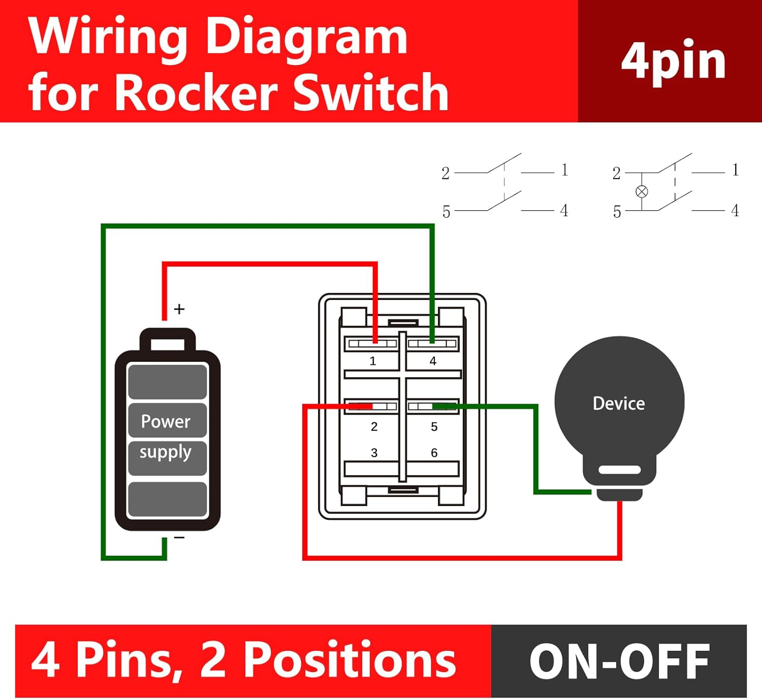 Rocker Switch 1PCS 12V 24V with Waterproof Box 4 Way DPST on off Push Button Switch Green LED Boat Marine Toggle Switches Junction Box(Red Stainless Steel) image number 6