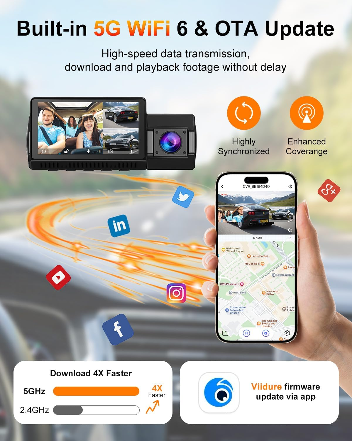 Oolong 4K 3 Channel Dash Cam,5G Wifi6 Built-In GPS,4K+1080P+1080P Front and Rear inside Included 64GB Card,Triple Car Camera 3.18'' Screen,Loop Recording,Ir Night Vision,24H Parking Mode,256Gb Max image number 1