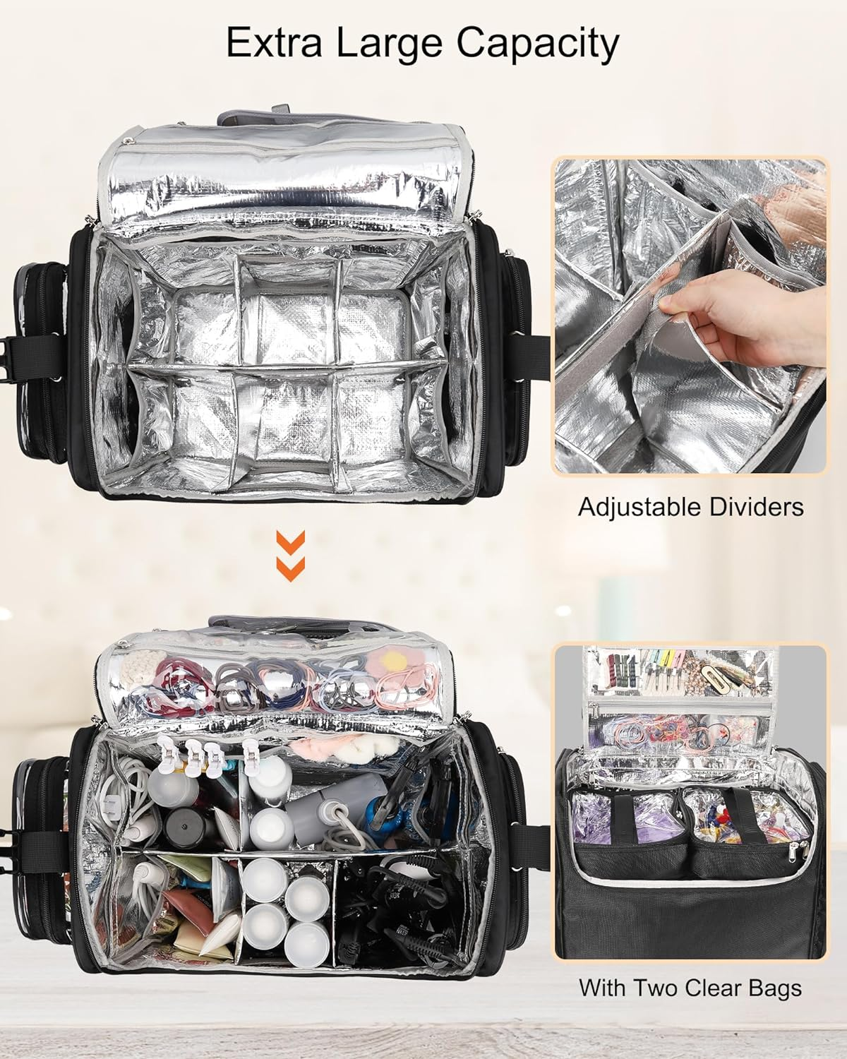 Relavel Rolling Makeup Train Case, Hairstylist Traveling Bag with 4 Wheels, Heat Insulation Full Layer, Adjustable Dividers, Hair Tools and Cosmetics Storage Organizer, Black, Extra Large, Hairstylist - Black-6 Pcs Clear Bags image number 2