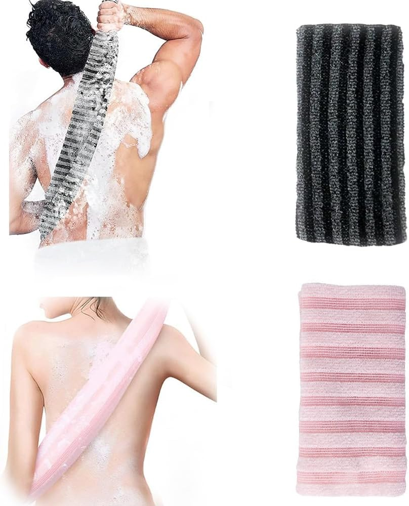 Exfoliating Body Scrubber，2 Pack Back Scrubber for Shower Bath, Japanese Scrub Wash Cloth, Exfoliating Washcloth Towel for Men Women, Body Exfoliator Loofah Luffa Sponge Net Rag Back Washer (Streaks & Pink) image number 3
