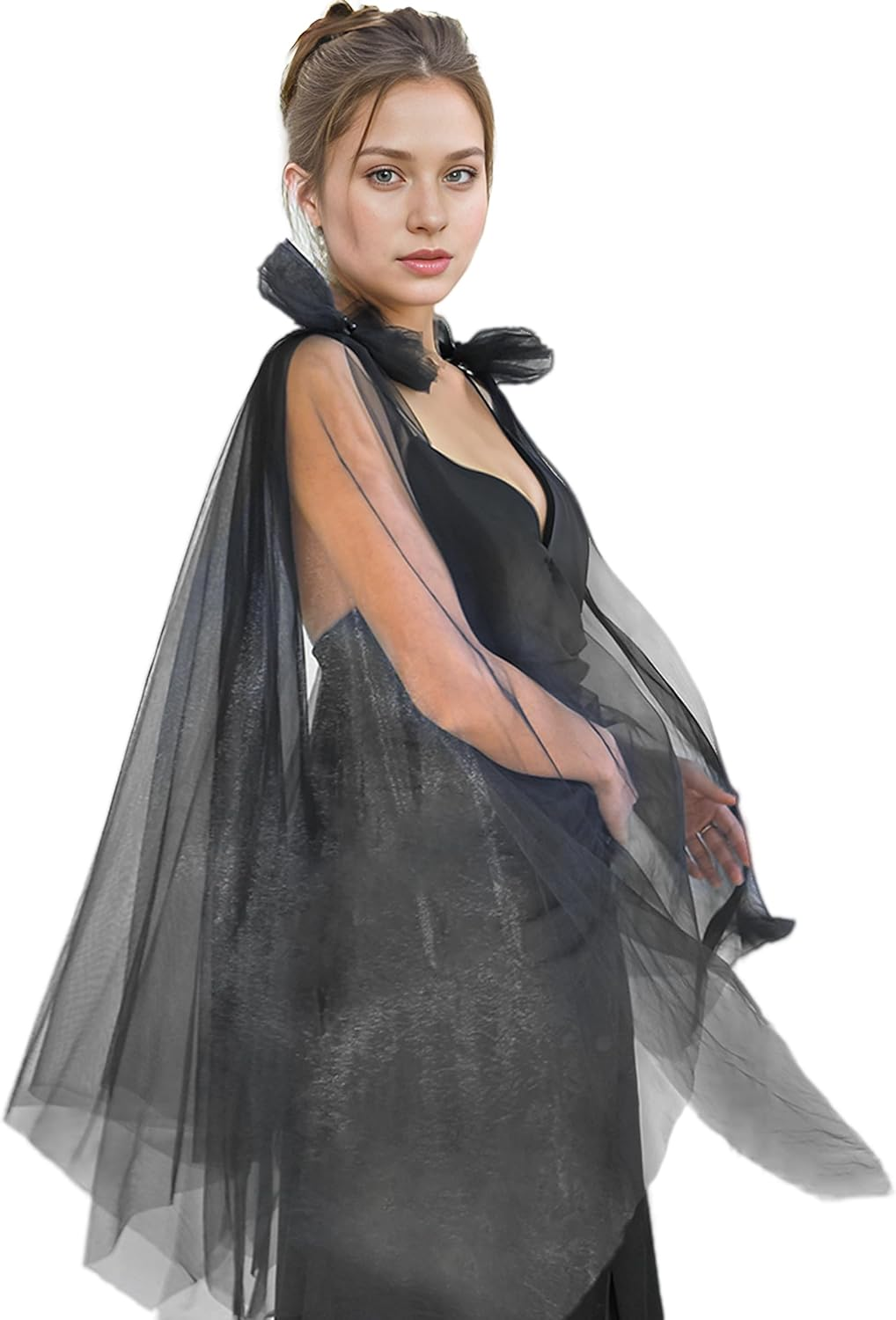 YAEISM Black Shoulder Cover for Dress Long Bow Dress Cover up Formal Detachable Tulle Wedding Shawl Evening Dresses for Women and Girls image number 5