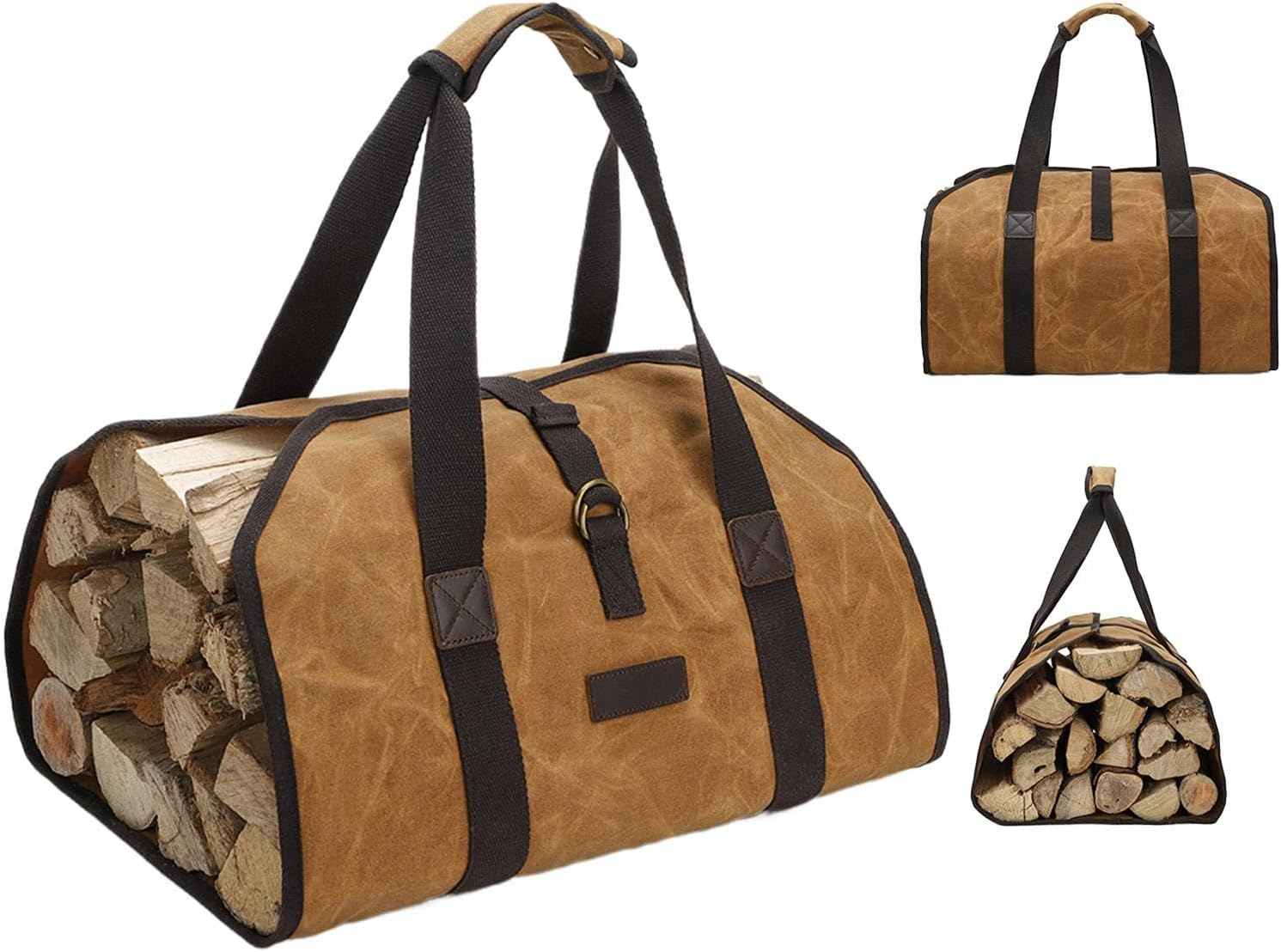 Waxed Canvas Firewood Bag Carrier, Heavy Duty Firewood Log Carrier, Water Resistant Log Tote Wood Carrying Bag with Handles for Camping Trip, Log Carrier Tote Wood Stove Accessories image number 6