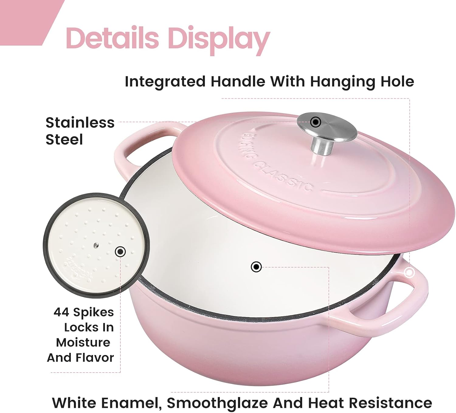 EDGING CASTING Enameled Cast Iron Covered Dutch Oven with Dual Handle, 3.5 Quart, Pink image number 4