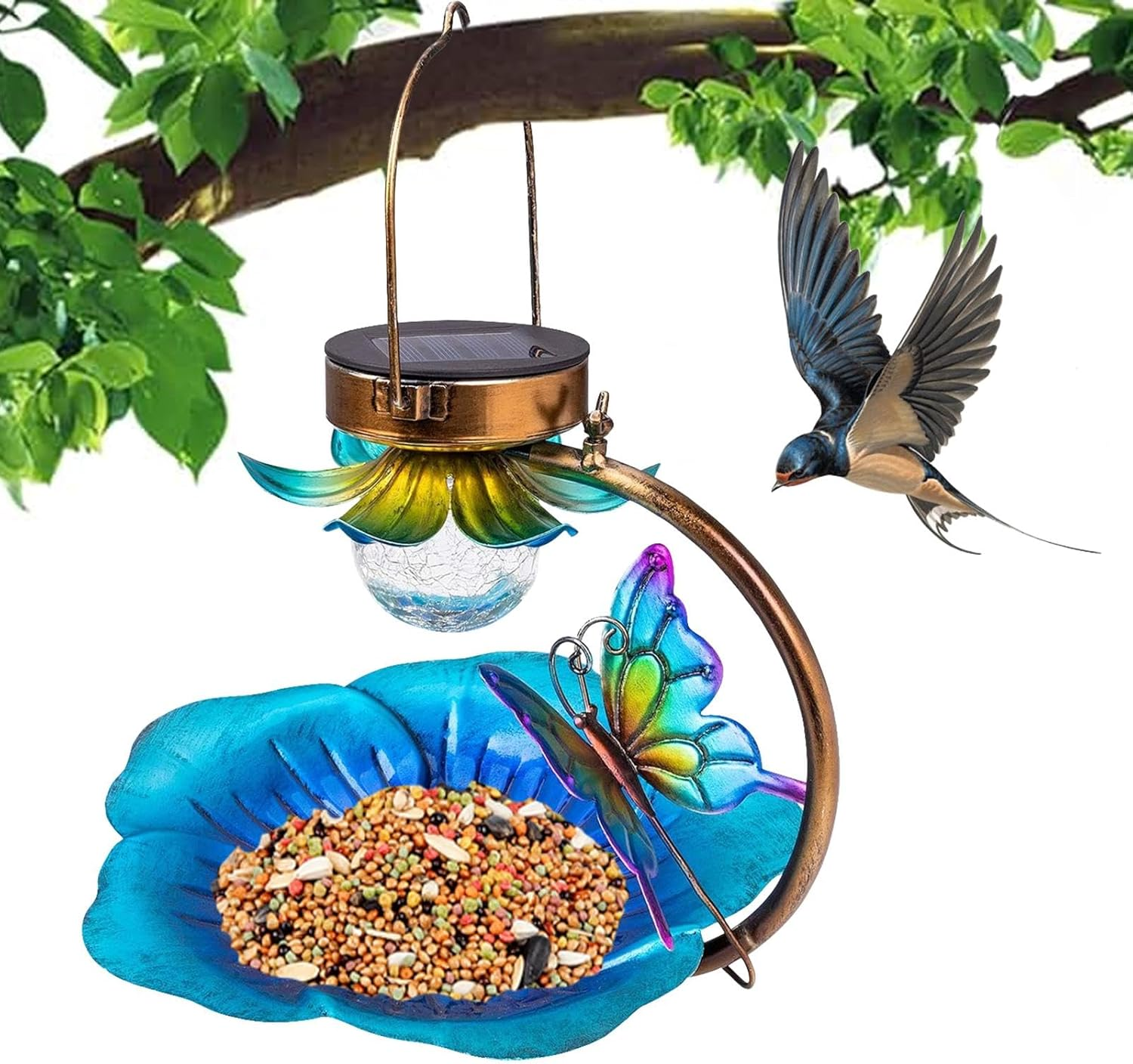 Metal Solar Light Bird Feeder, Solar Powered Outdoor Lamp for Bird Feeding, Garden Decoration Tool for Patio, Fence, Courtyard, Tree, Yard, Garden Lighting Solution image number 1