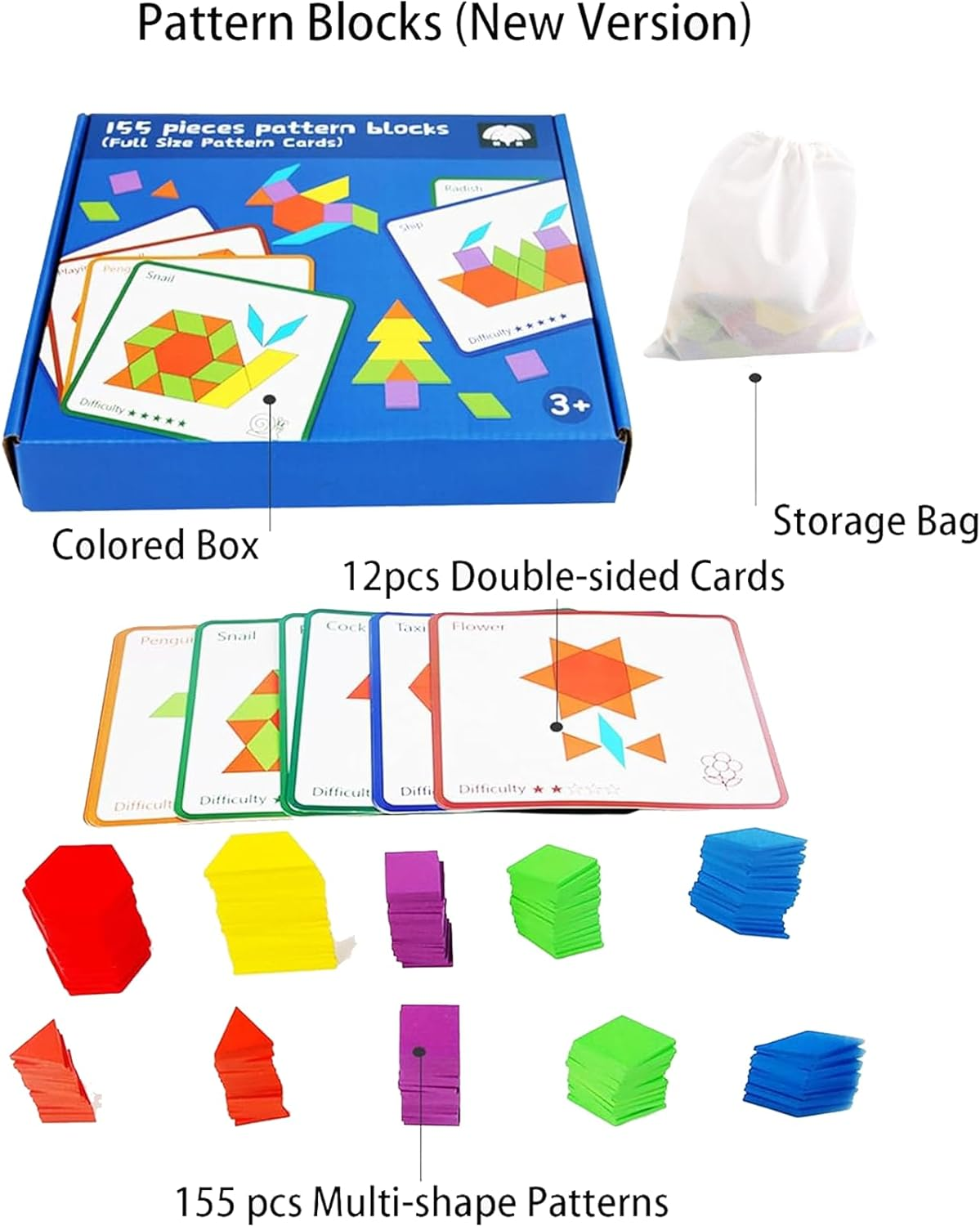 155 PCS Wooden Pattern Blocks Set Geometric Shape Puzzle Kindergarten Classic Educational Montessori Tangram Toys for Kids Ages 4-8 with 12Pcs Double Side Cards image number 4