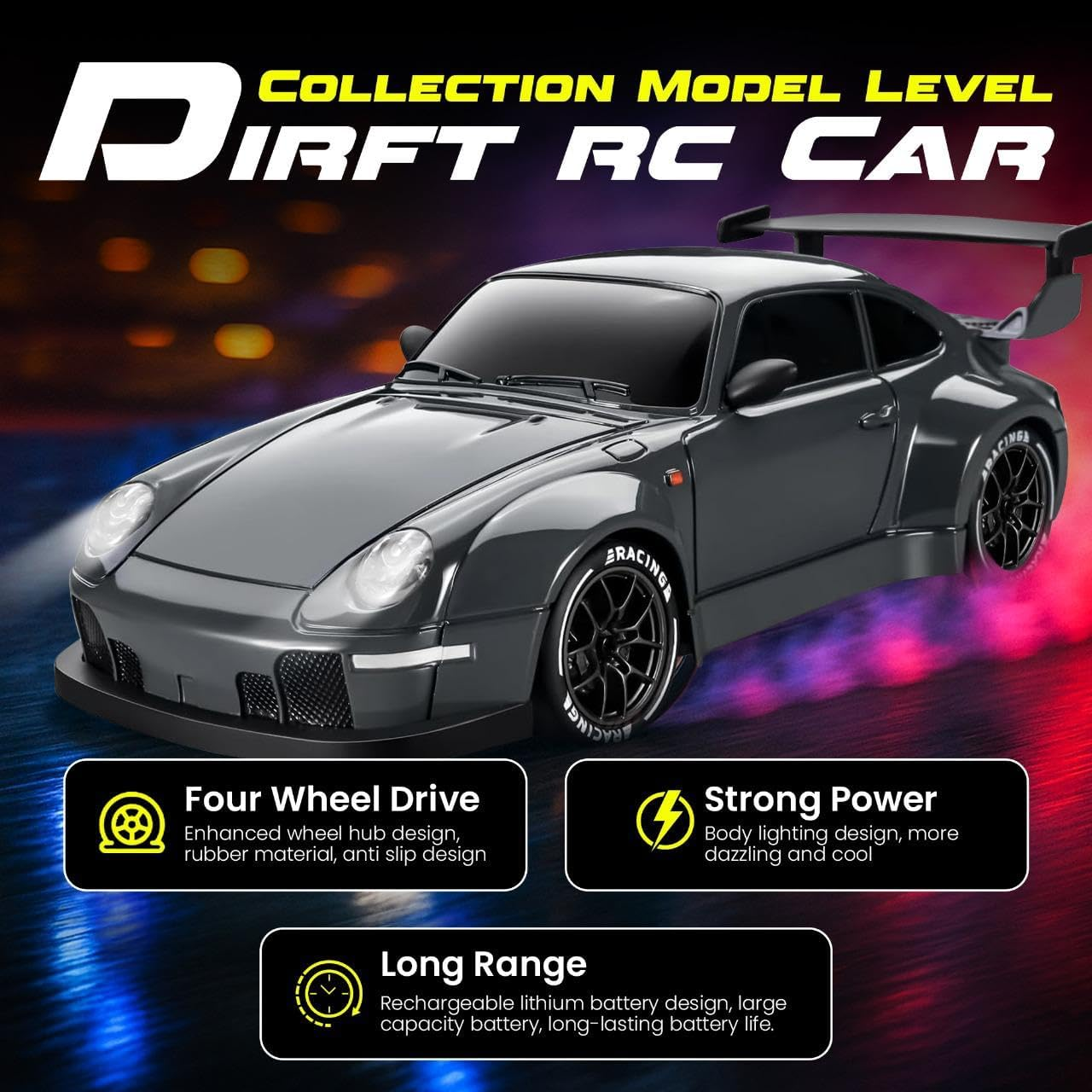 Yakts Premium RC Drift Car, 1:24 Remote Control Car with LED Lights, 20KM/H 4WD High Speed RC Car, Two Batteries, Extra Drifting Tires, Enjoyment Vehicle for Adults Boys Girls and Kids image number 5