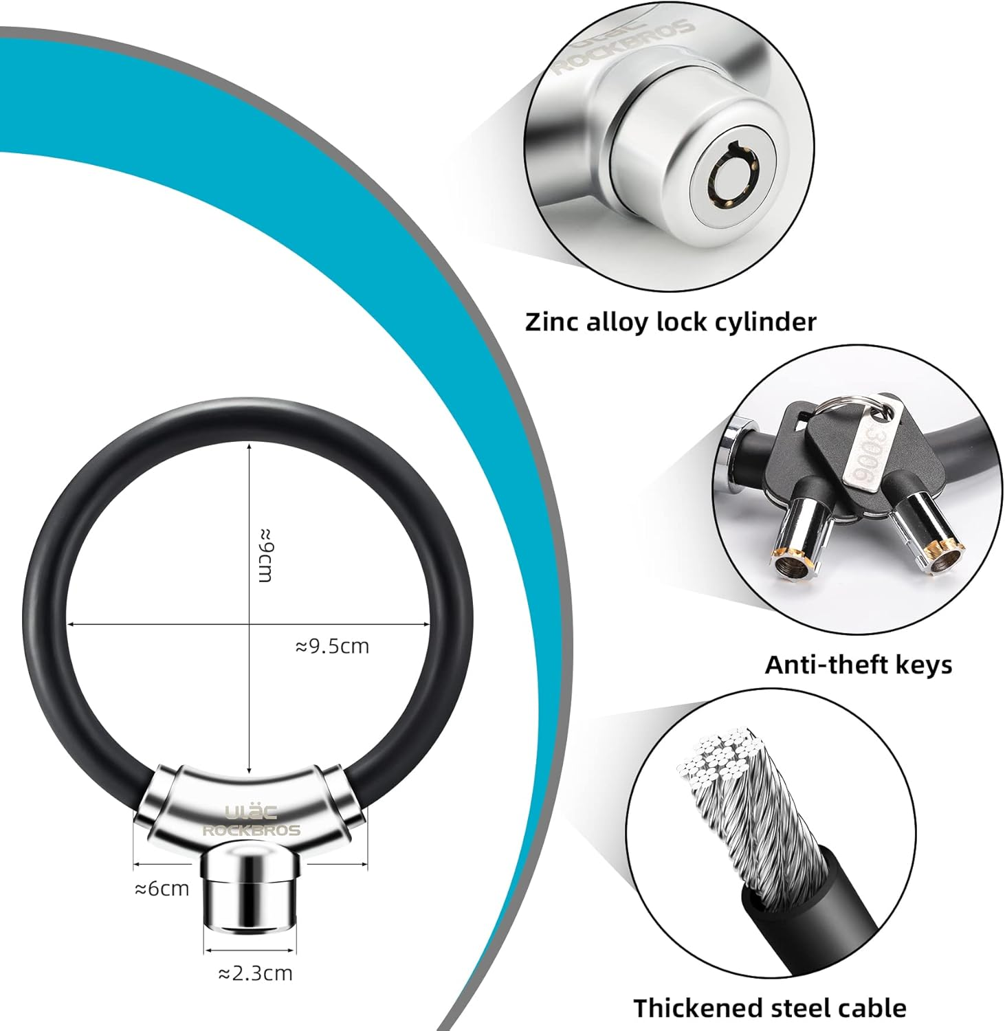 ROCKBROS Anti-Theft Bike Cable Lock, Black, Portable, Key Lock, Rustproof image number 4